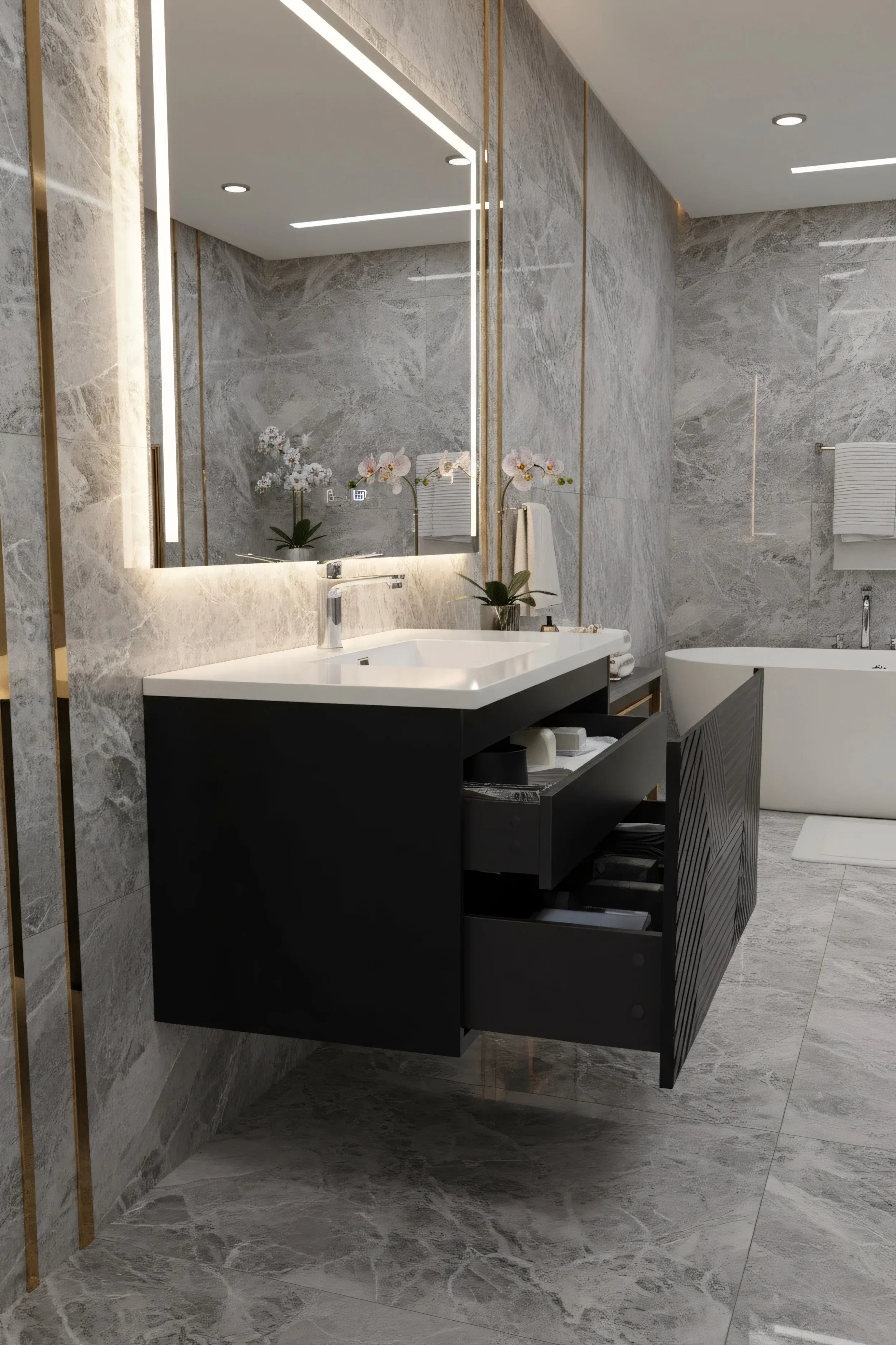 48" Black Wall Mount Bathroom Vanity with White Polymarble Countertop