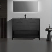 48" Black Rough Oak Freestanding Bathroom Vanity with Black Engineered Quartz Countertop