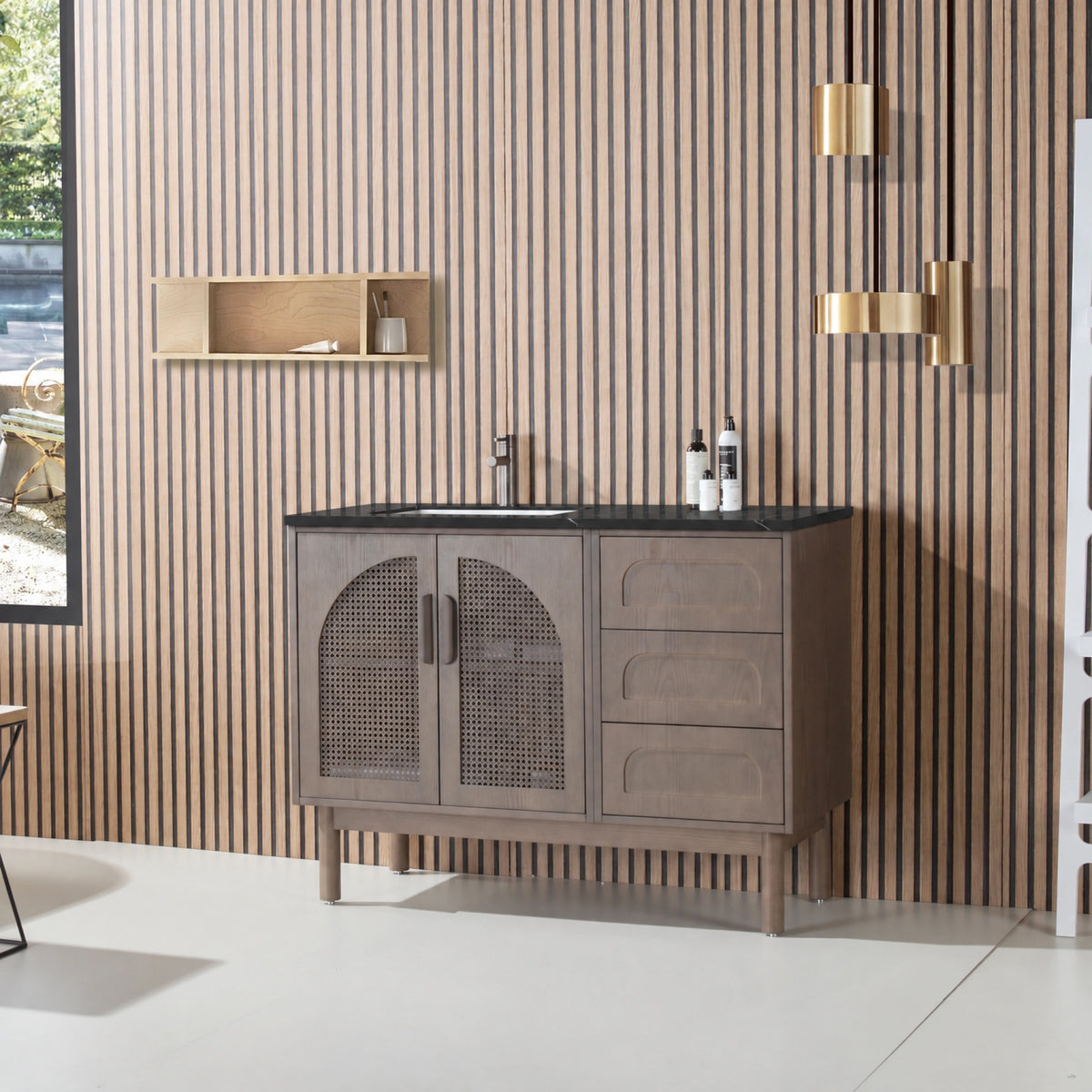 48" Chestnut Oak Freestanding Bathroom Vanity with Black Marquina Quartz Countertop