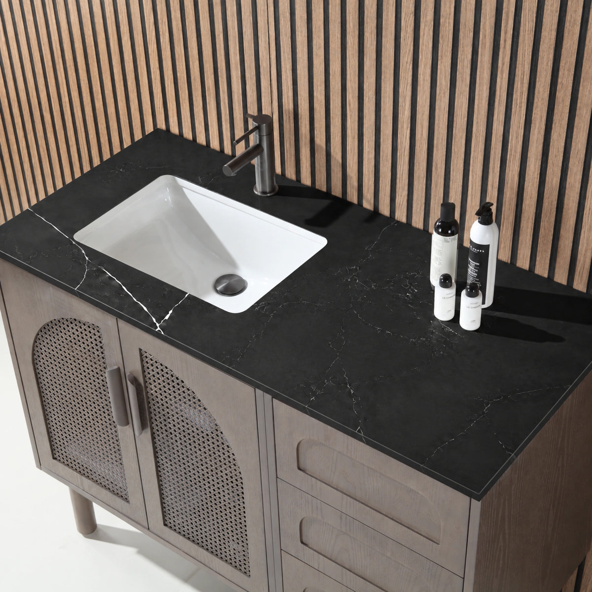 48" Chestnut Oak Freestanding Bathroom Vanity with Black Marquina Quartz Countertop