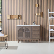 48" Chestnut Oak Freestanding Bathroom Vanity with Pure White Quartz Countertop