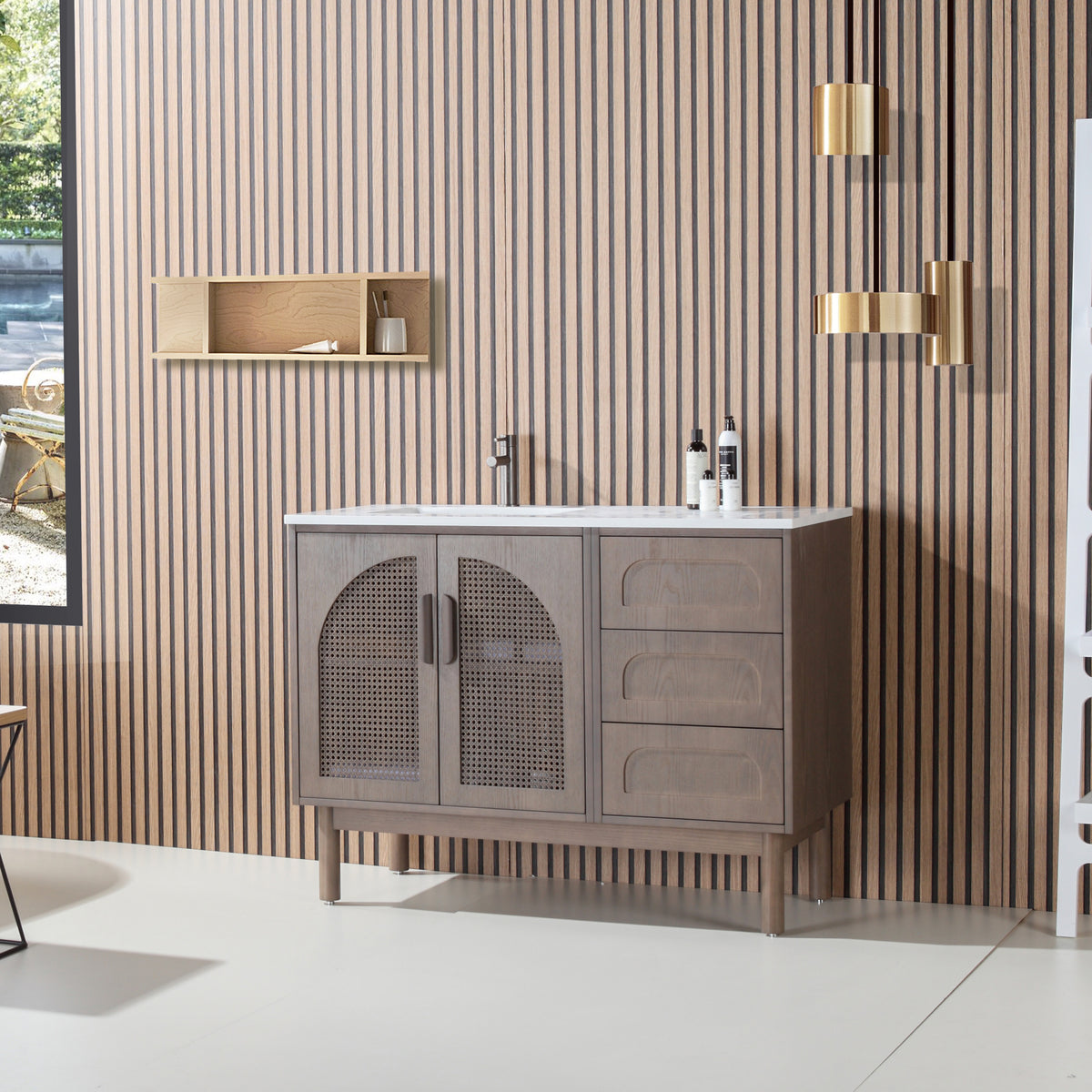 48" Chestnut Oak Freestanding Bathroom Vanity with Pure White Quartz Countertop