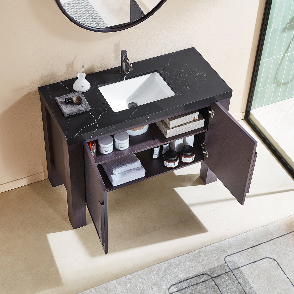 48" Espresso Oak Freestanding Bathroom Vanity with Black Marquina Quartz Countertop