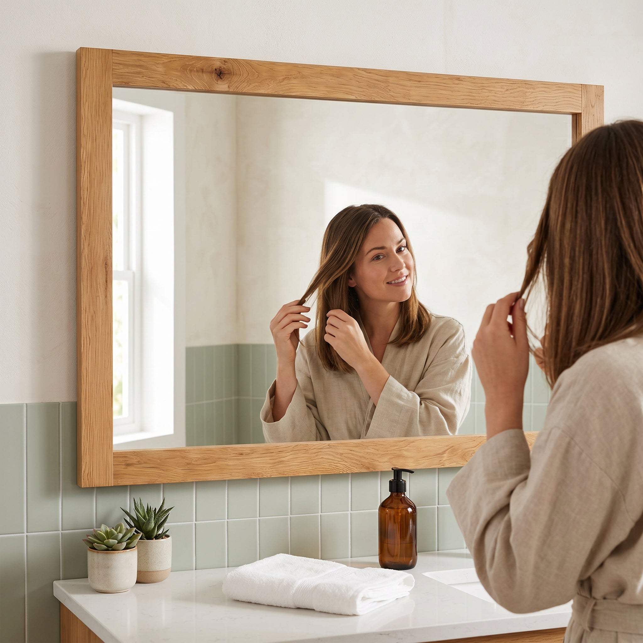 Miroir Rectangulaire Encadré Chêne Givré 48po pour Salle de Bain