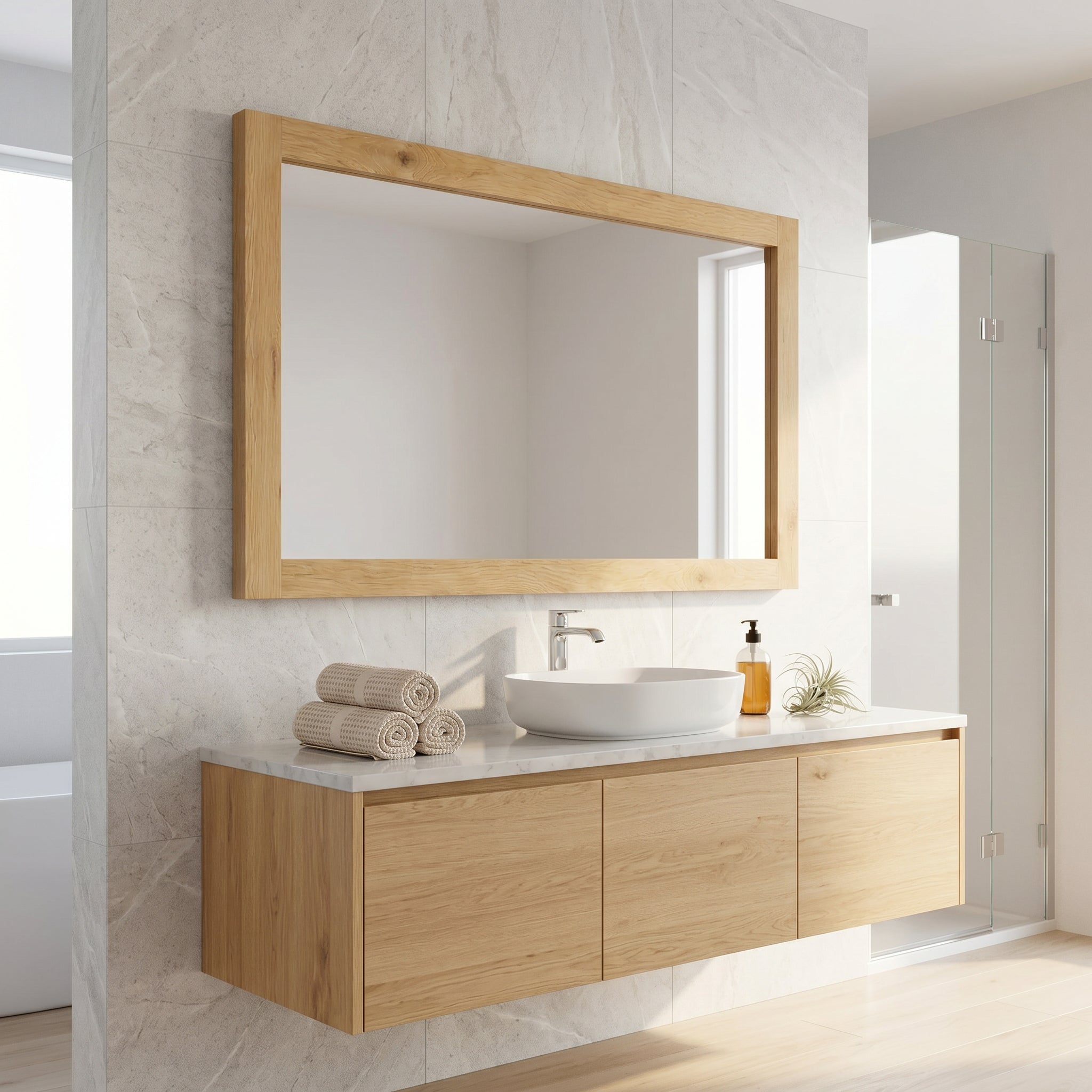 Miroir Rectangulaire Encadré Chêne Givré 48po pour Salle de Bain
