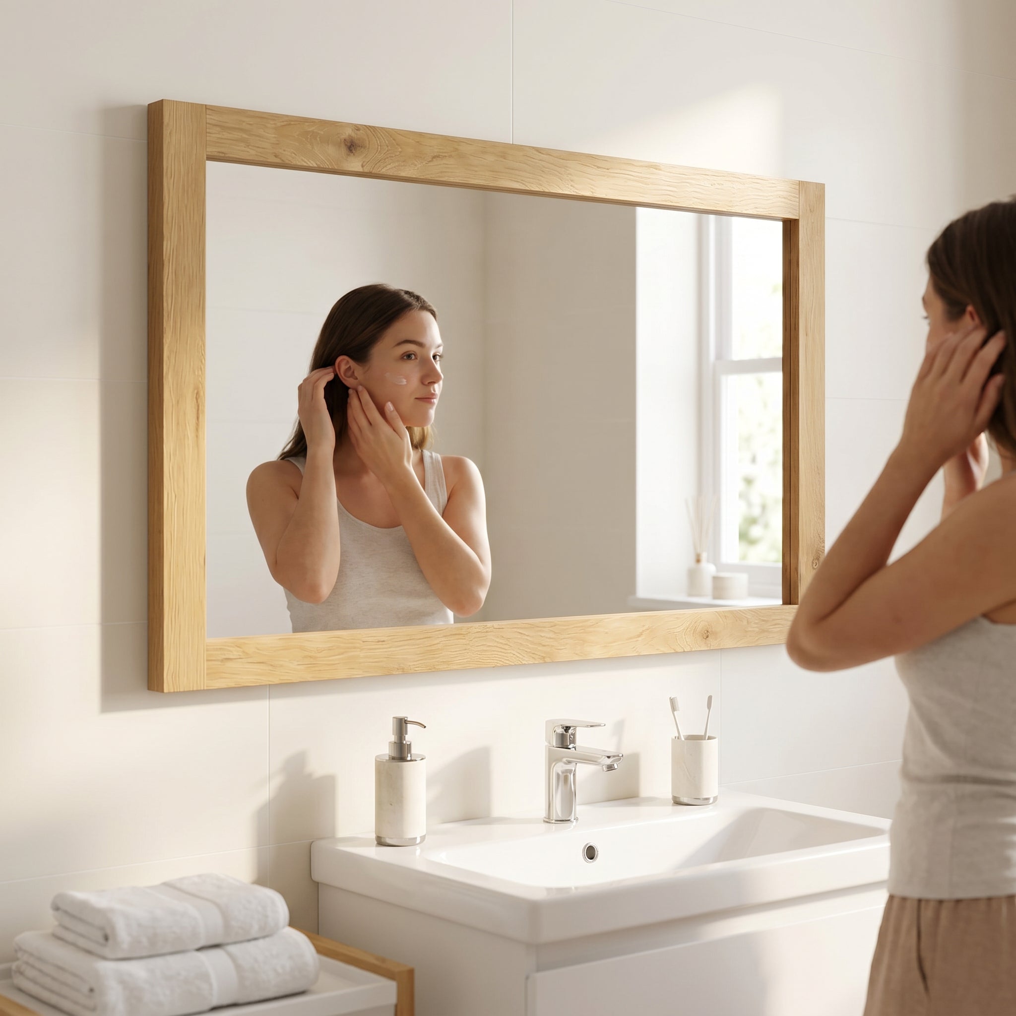 Miroir Rectangulaire Encadré Chêne Givré 48po pour Salle de Bain