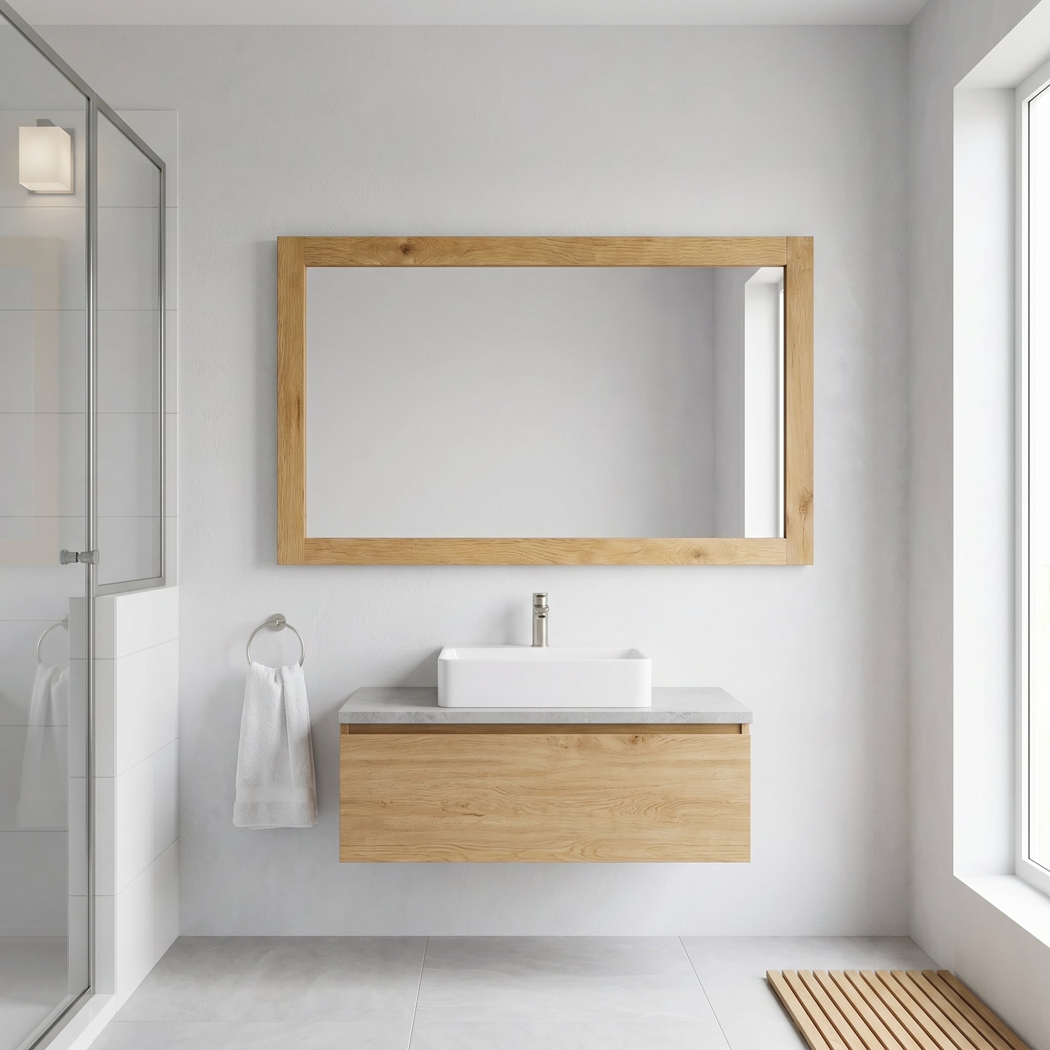 Miroir Rectangulaire Encadré Chêne Givré 48po pour Salle de Bain