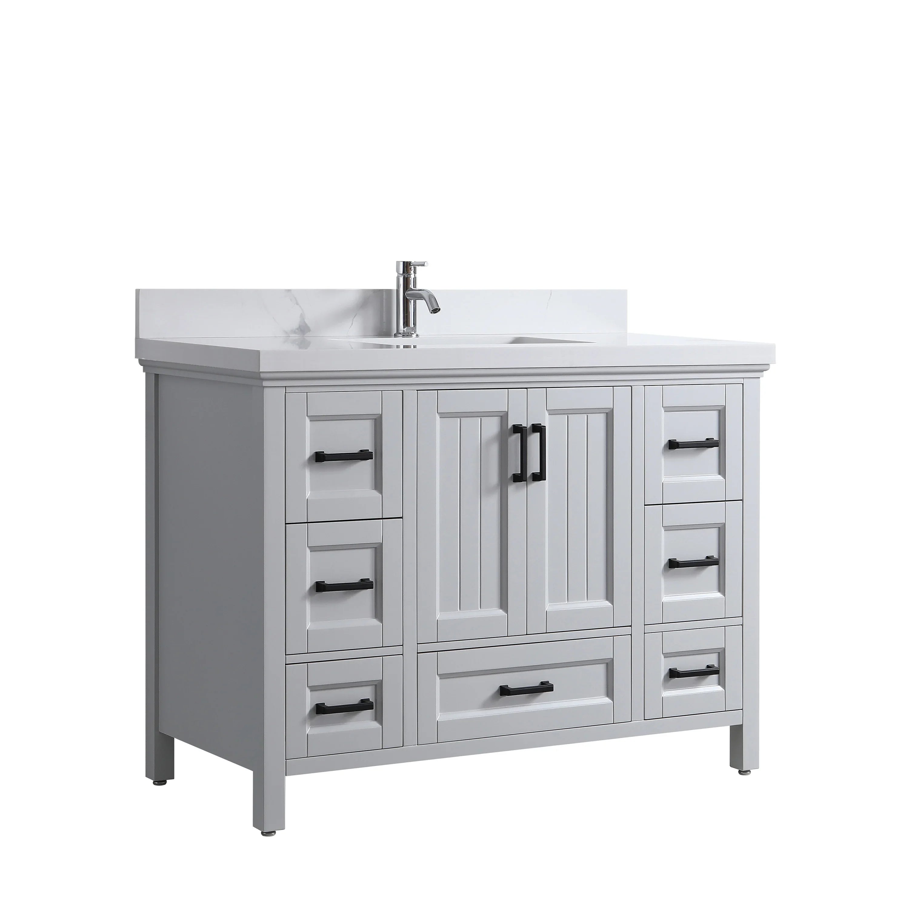 Meuble Lavabo Autoportant 48po Hampton Gris avec Comptoir Quartz Calcutta