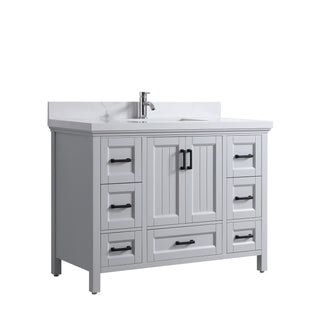 Meuble-lavabo sur pied Hampton Grey 48 po avec lavabo simple et comptoir en quartz Calcutta de 4 cm, collection Nevada