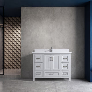 Meuble-lavabo sur pied Hampton Grey 48 po avec lavabo simple et comptoir en quartz Calcutta de 4 cm, collection Nevada