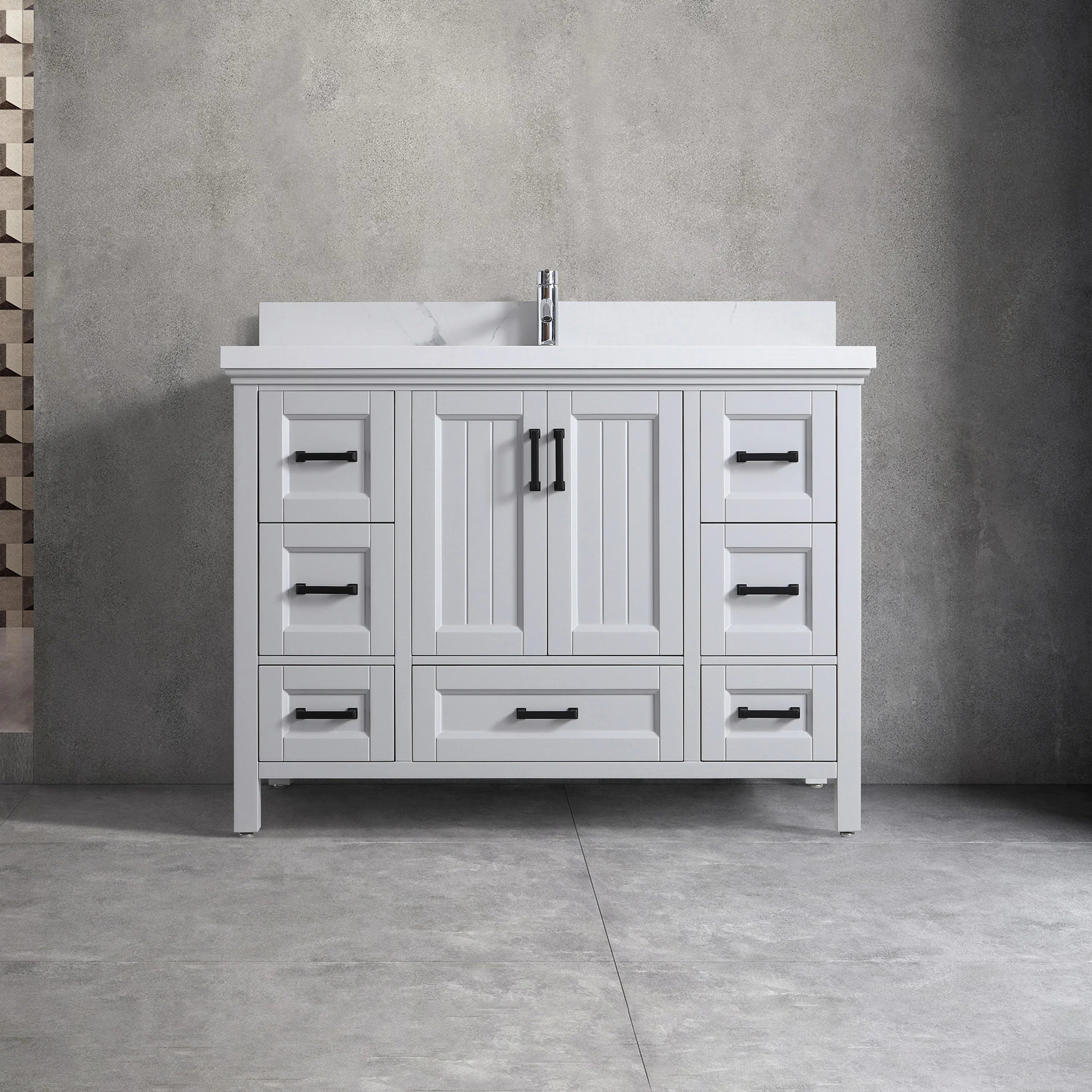 Meuble Lavabo Autoportant 48po Hampton Gris avec Comptoir Quartz Calcutta