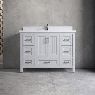 Meuble-lavabo sur pied Hampton Grey 48 po avec lavabo simple et comptoir en quartz Calcutta de 4 cm, collection Nevada