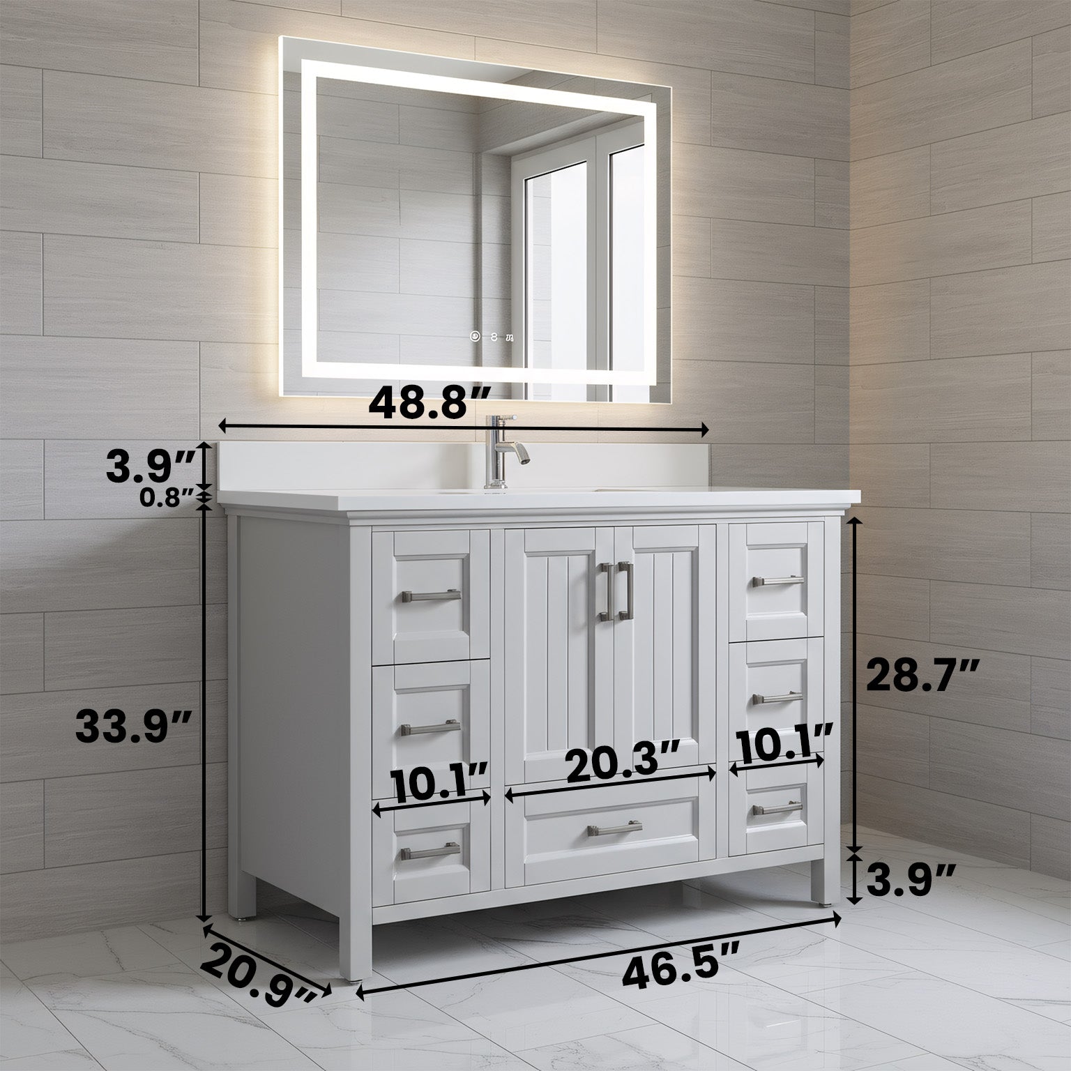 Meuble-lavabo autoportant gris Hampton 48 po avec comptoir en marbre blanc reconstitué et vasque simple