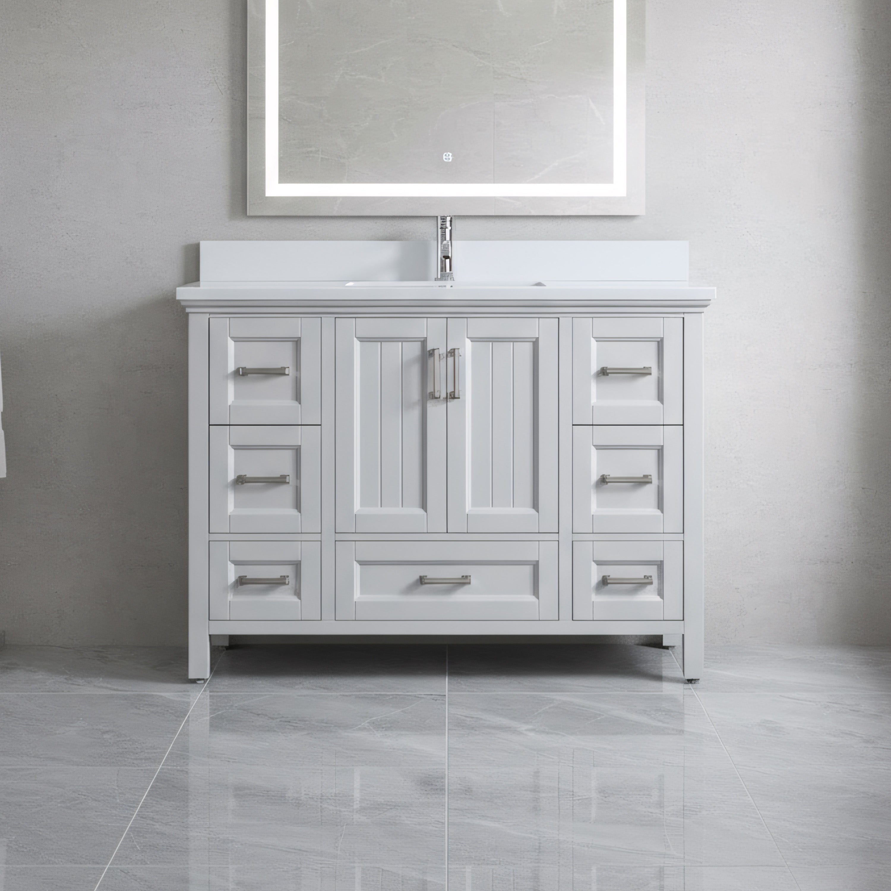 Meuble-lavabo autoportant gris Hampton 48 po avec comptoir en marbre blanc reconstitué et vasque simple