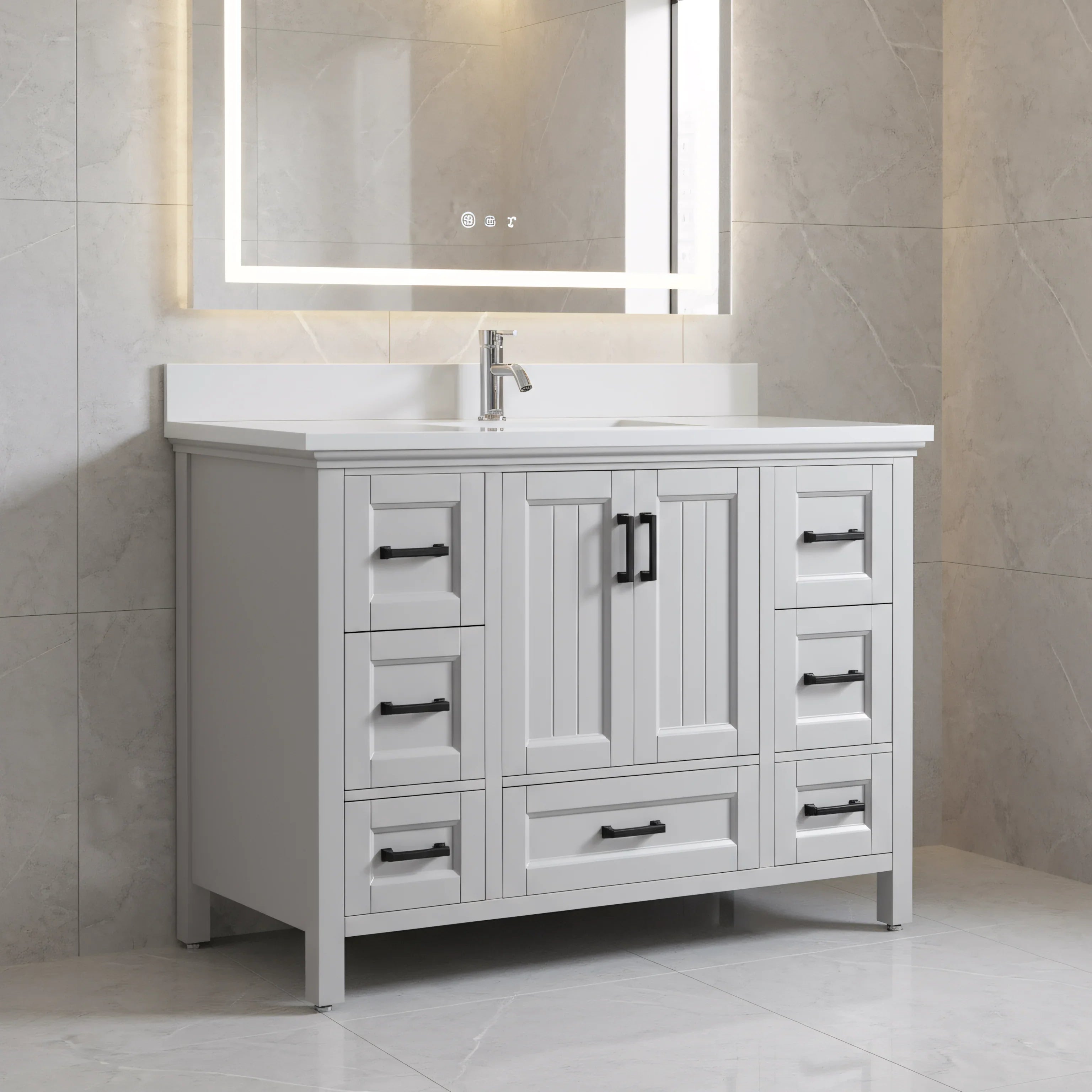48" Hampton Grey Freestanding Single Sink Bathroom Vanity with Engineered White Marble Countertop