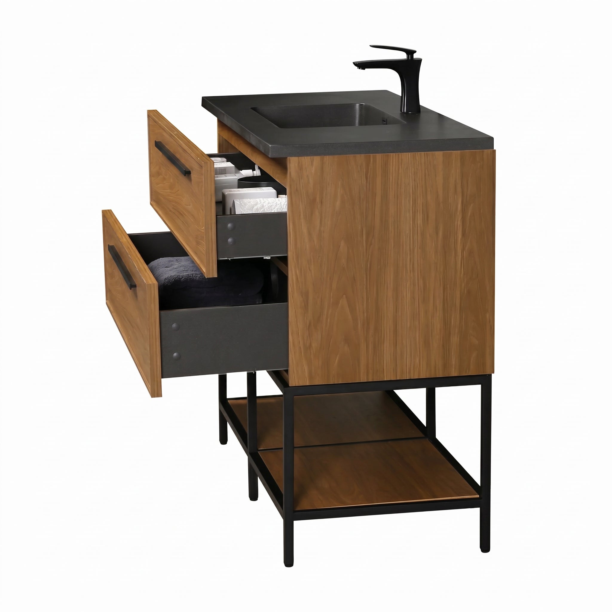 48 Inch Honey Gold Walnut Wall Mounted Bathroom Vanity with Black Engineered Quartz Countertop and Handles