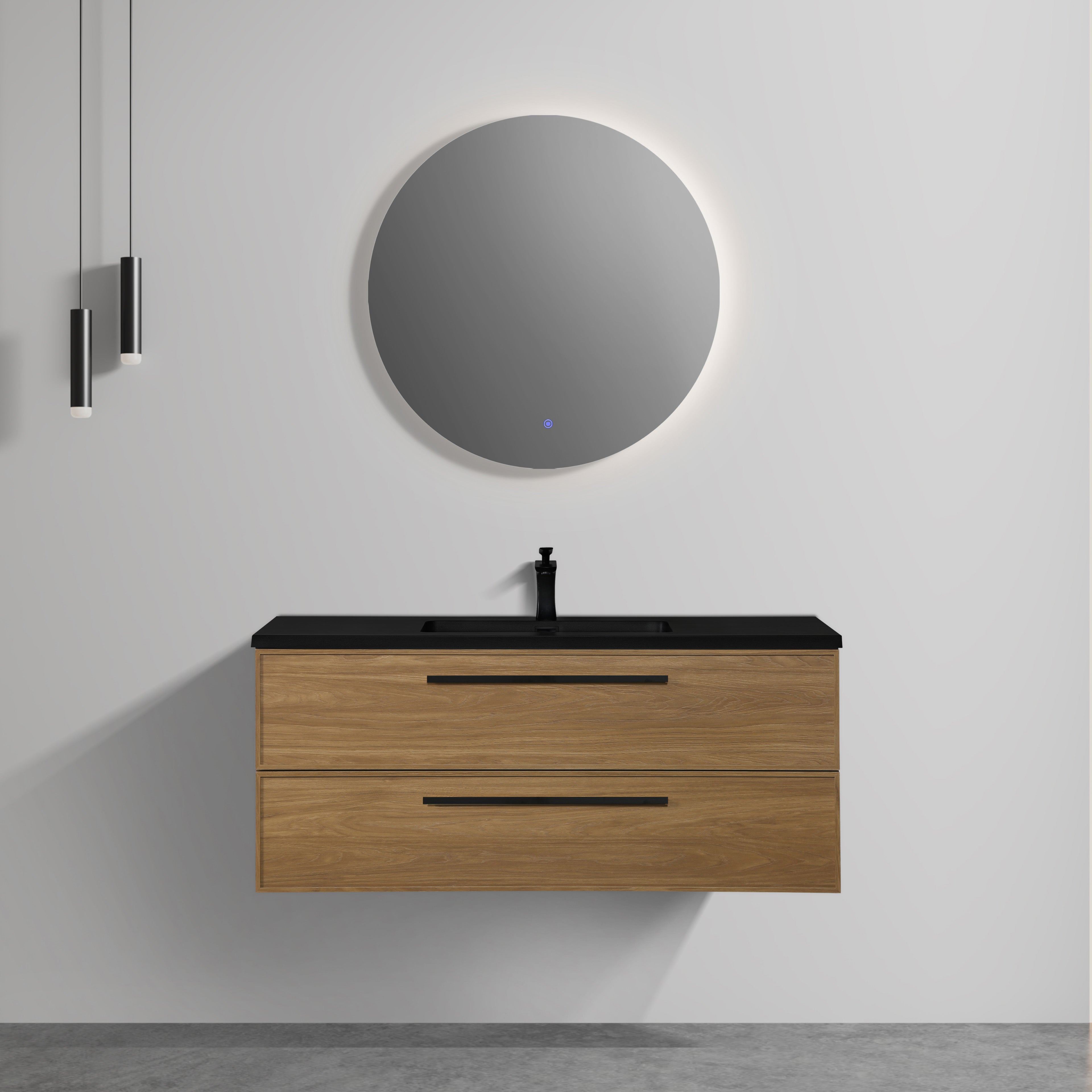 48 Inch Honey Gold Walnut Wall Mounted Bathroom Vanity with Black Engineered Quartz Countertop and Handles