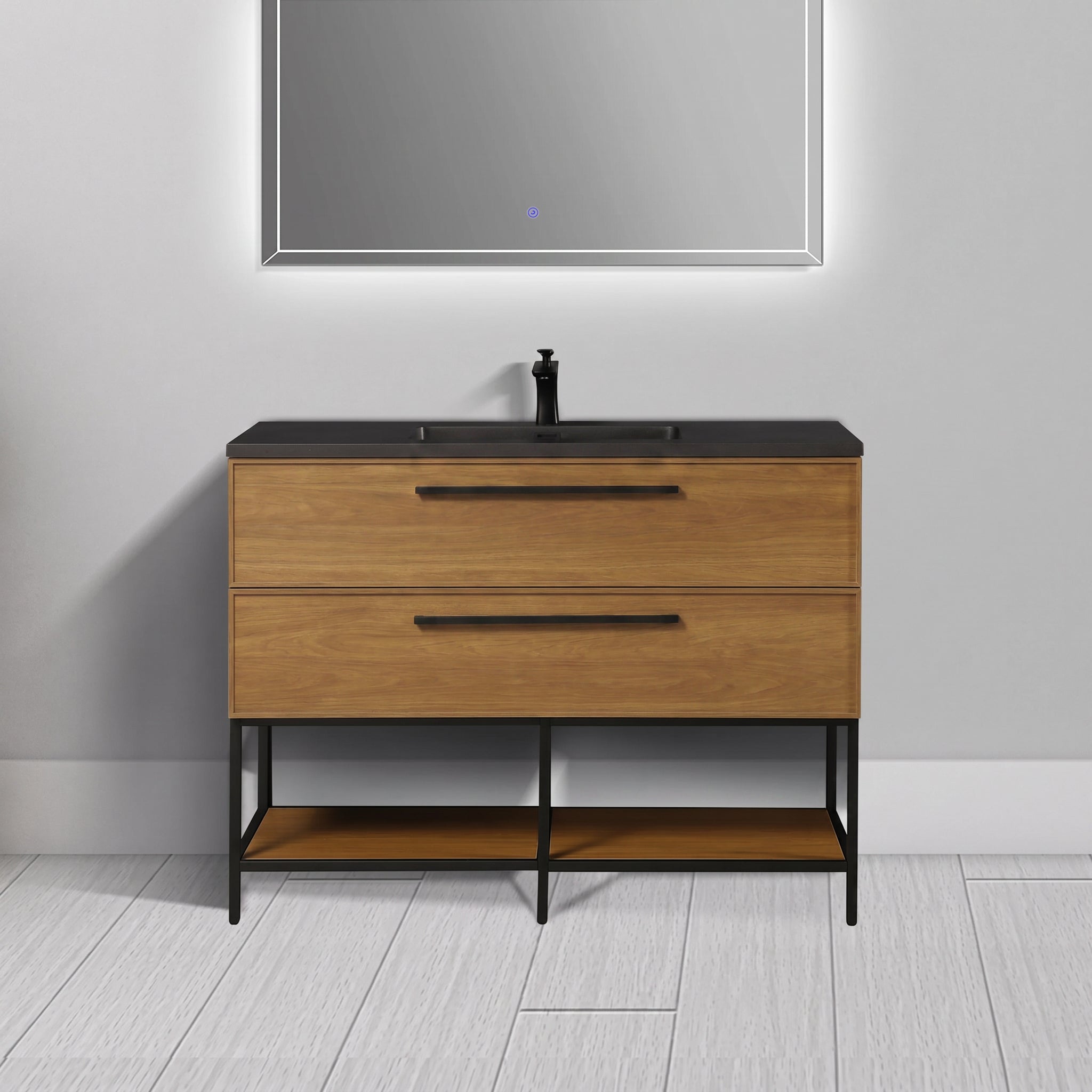 48 Inch Honey Gold Walnut Wall Mounted Bathroom Vanity with Black Engineered Quartz Countertop and Handles