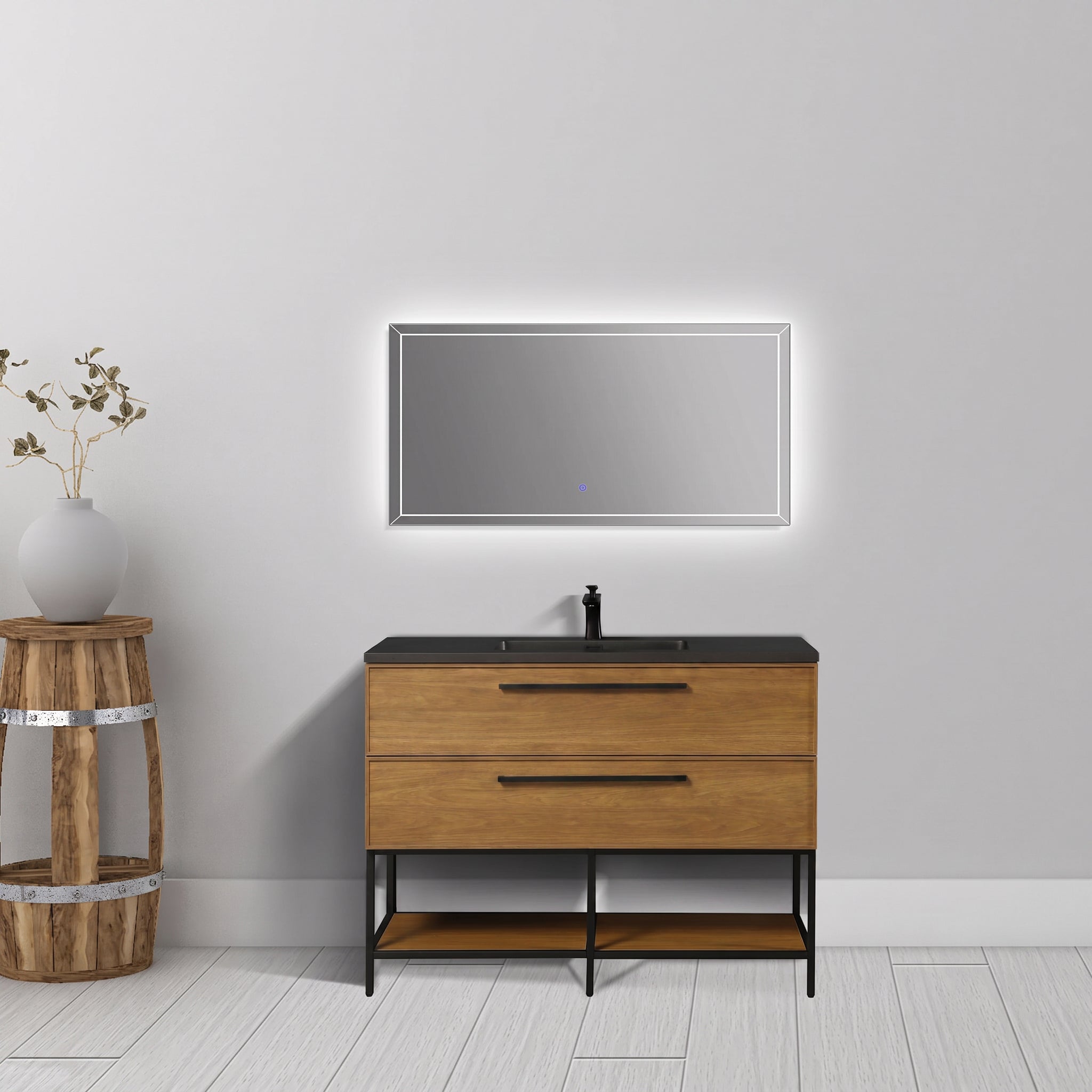 48 Inch Honey Gold Walnut Wall Mounted Bathroom Vanity with Black Engineered Quartz Countertop and Handles