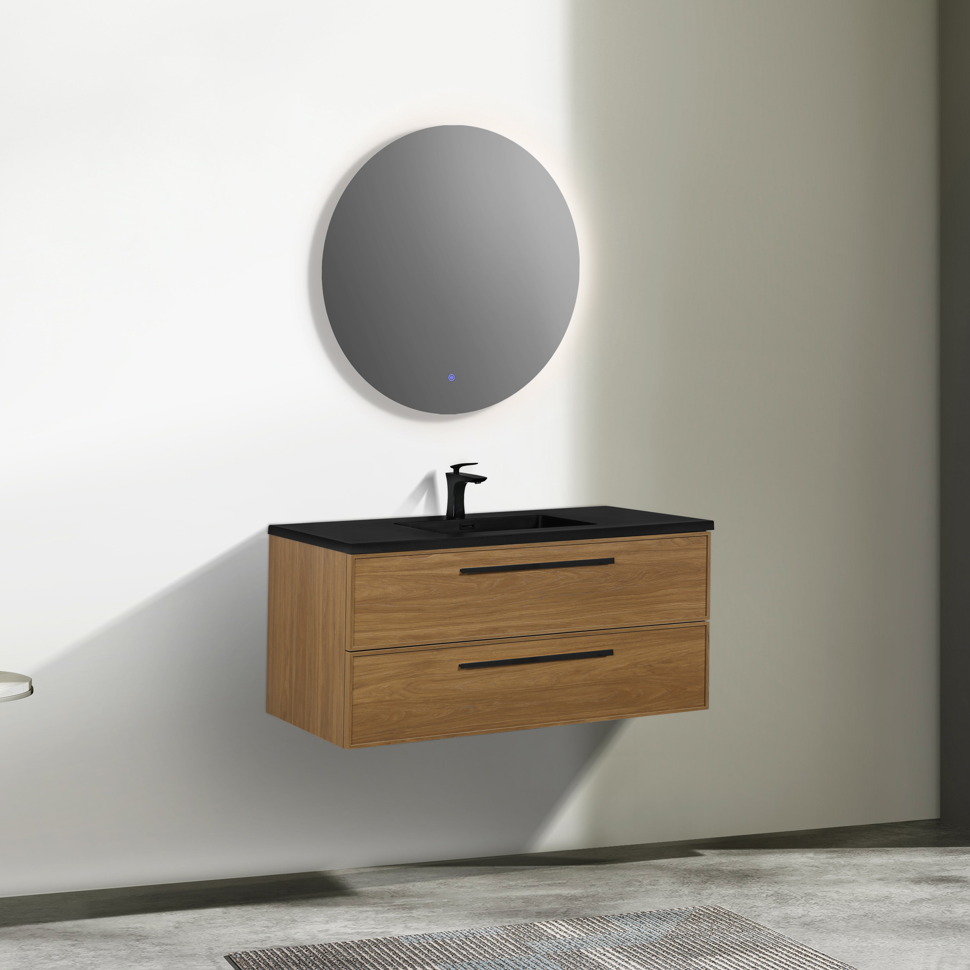 48 Inch Honey Gold Walnut Wall Mounted Bathroom Vanity with Black Engineered Quartz Countertop and Handles