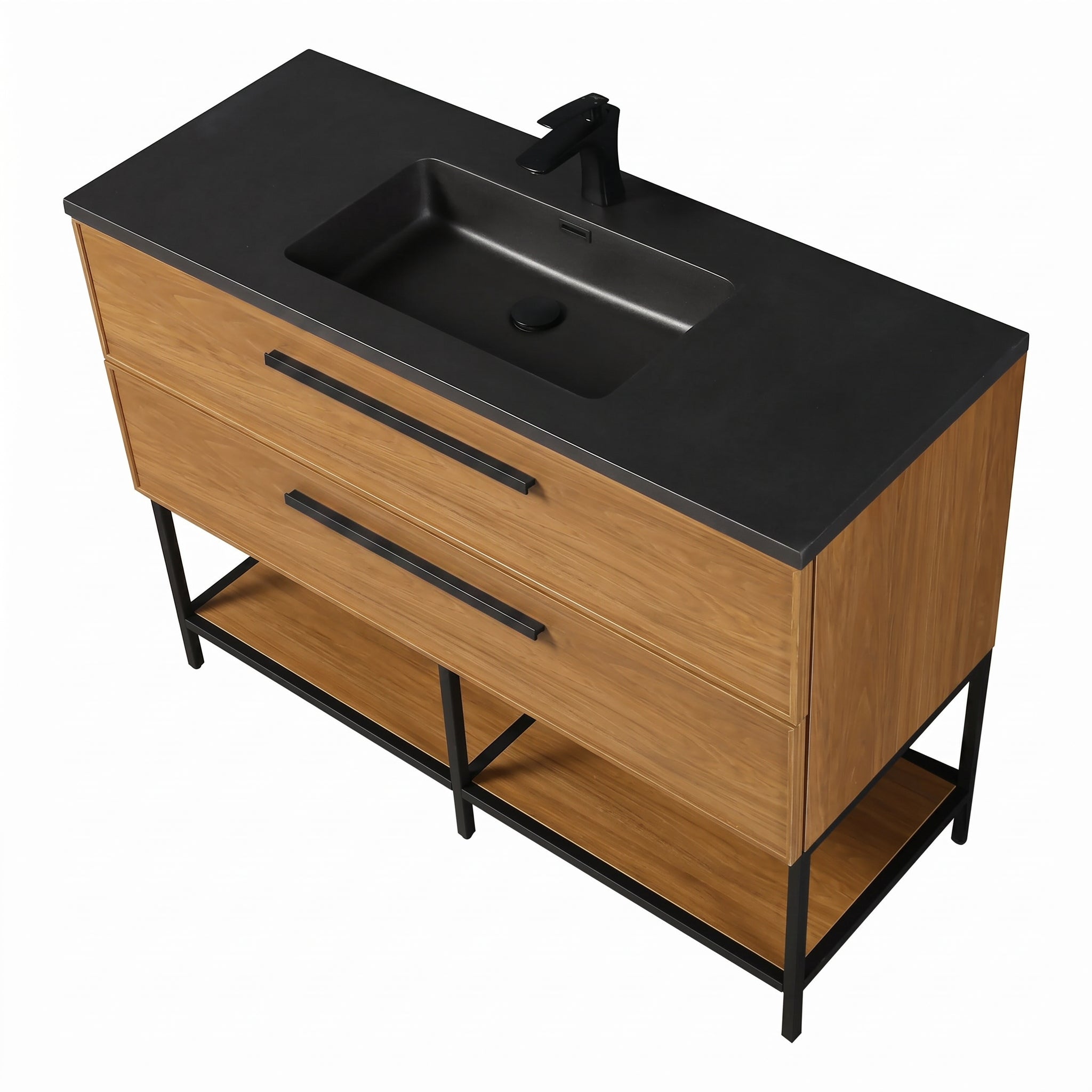 48 Inch Honey Gold Walnut Wall Mounted Bathroom Vanity with Black Engineered Quartz Countertop and Handles