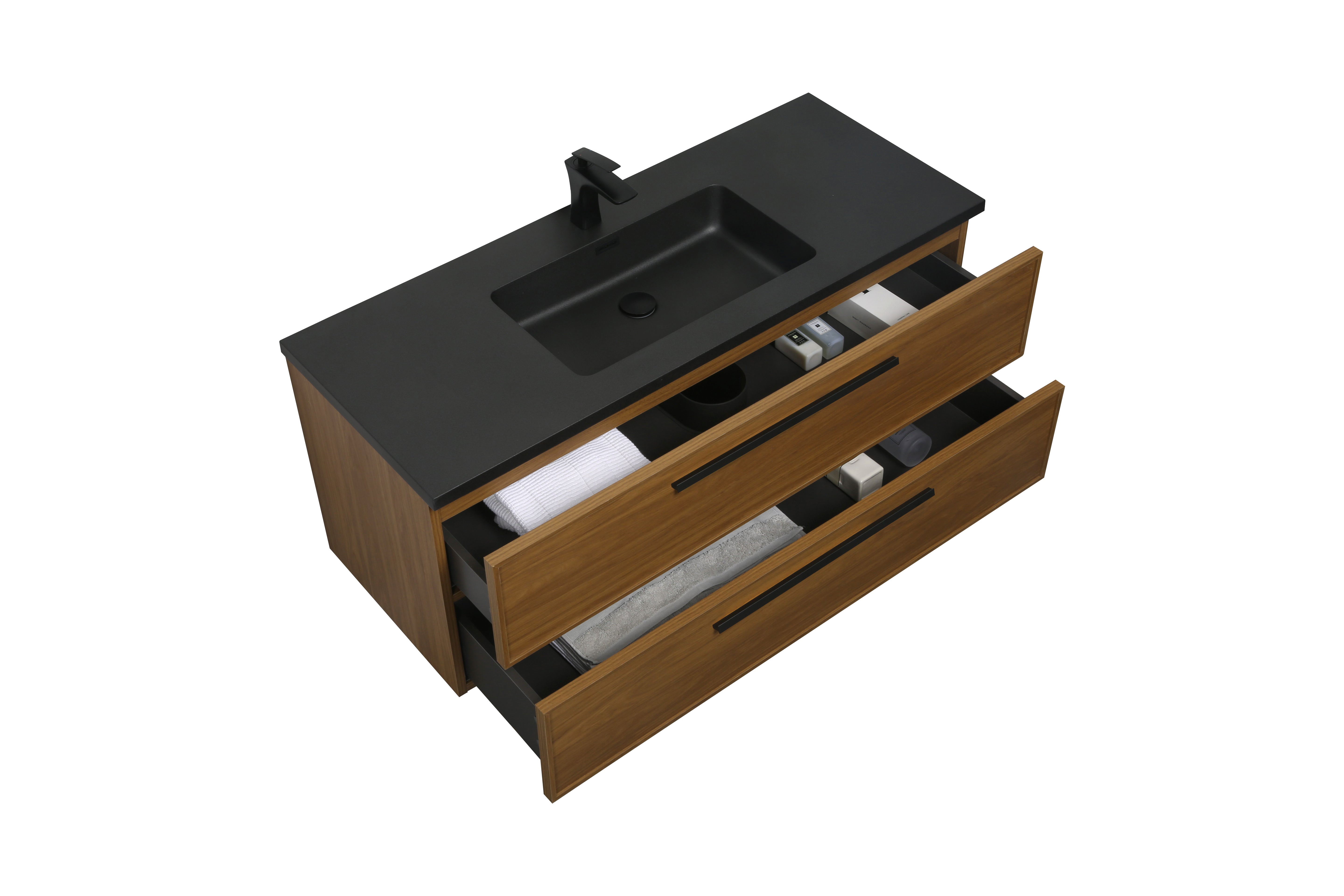 48 Inch Honey Gold Walnut Wall Mounted Bathroom Vanity with Black Engineered Quartz Countertop and Handles