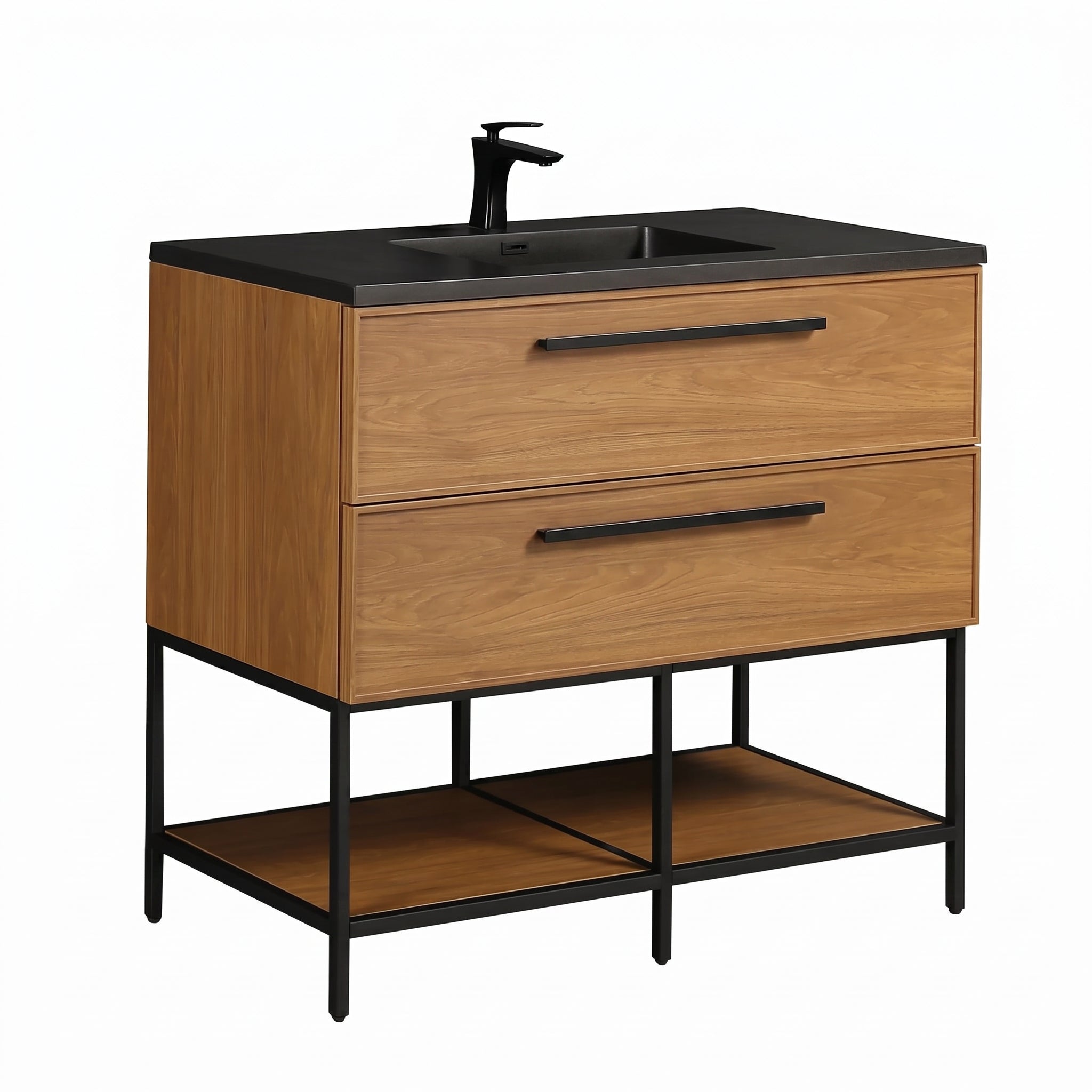 48 Inch Honey Gold Walnut Wall Mounted Bathroom Vanity with Black Engineered Quartz Countertop and Handles