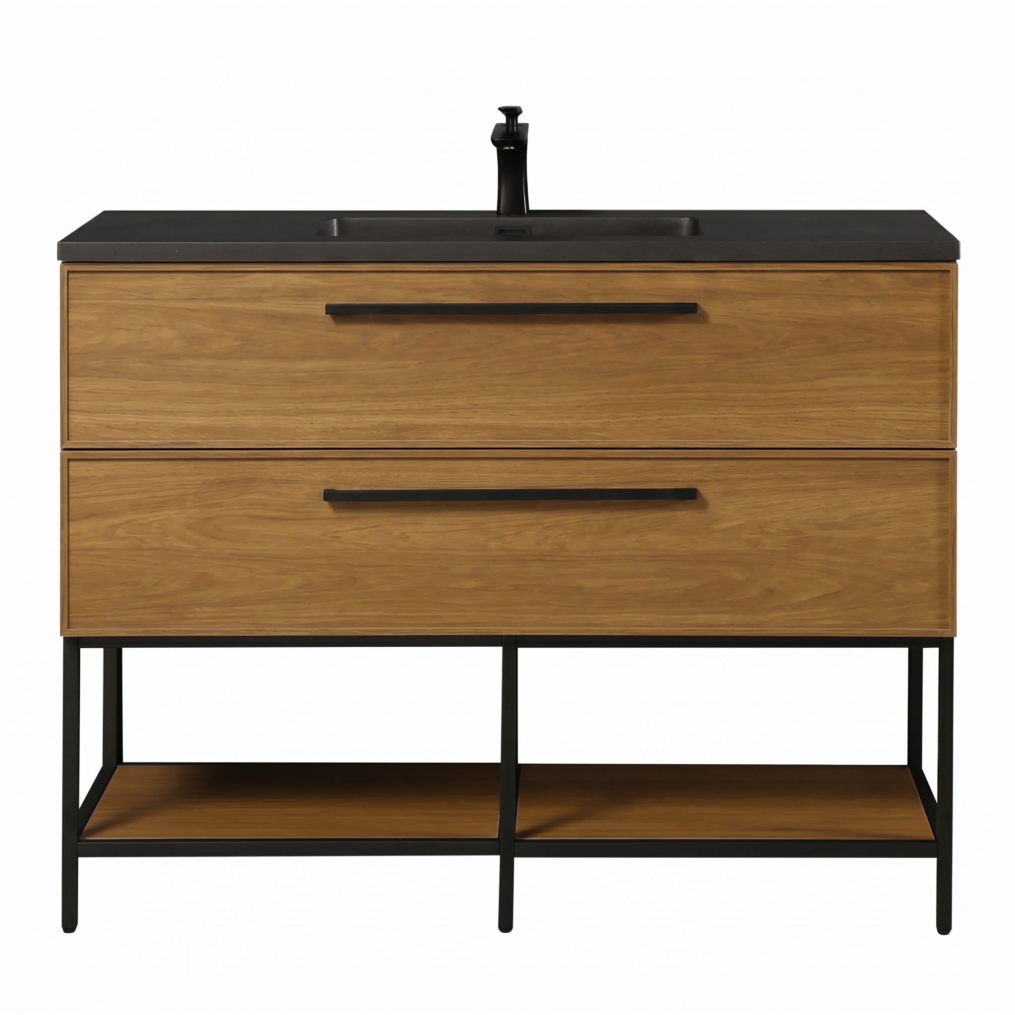 48 Inch Honey Gold Walnut Wall Mounted Bathroom Vanity with Black Engineered Quartz Countertop and Handles