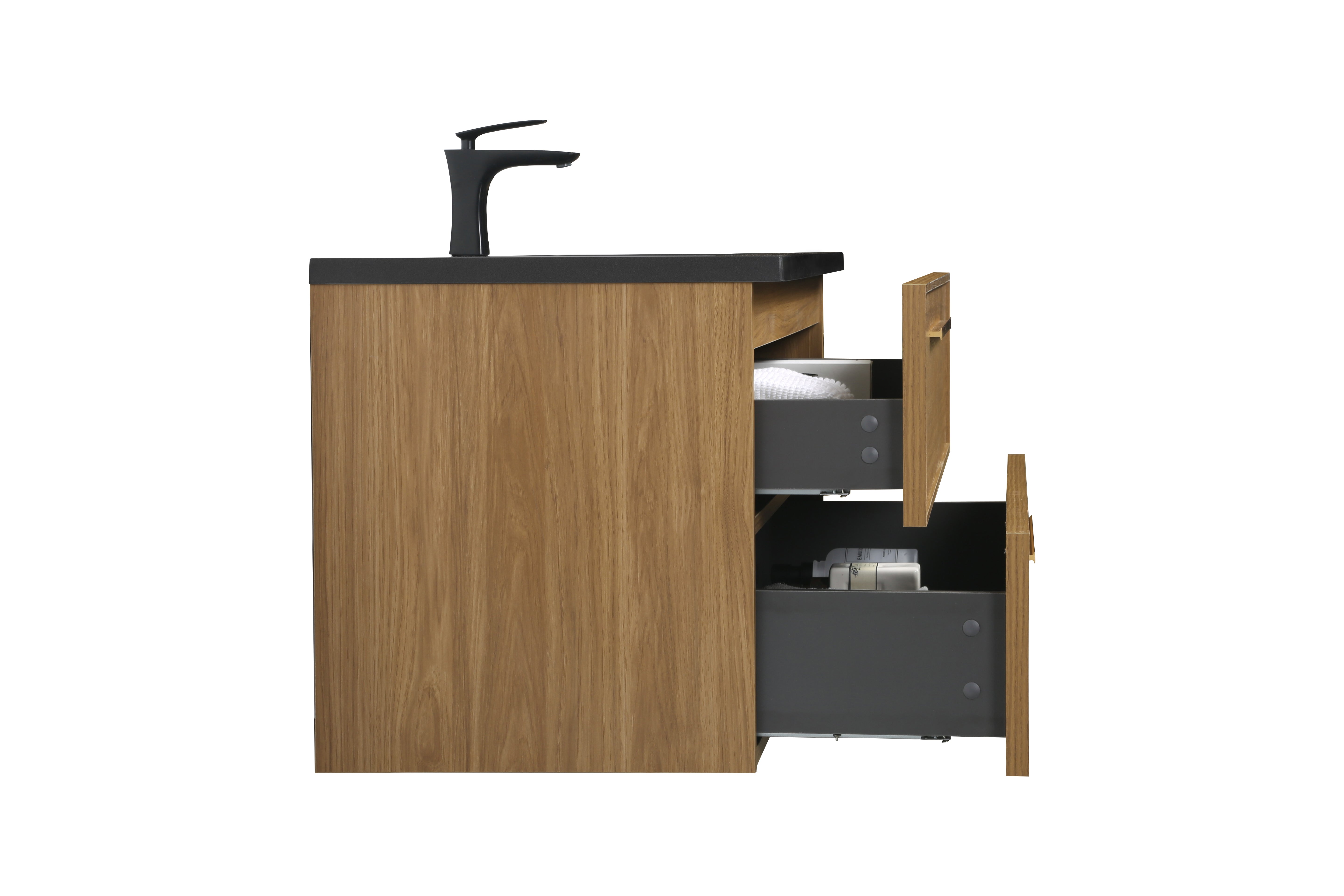 48 Inch Honey Gold Walnut Wall Mounted Bathroom Vanity with Black Engineered Quartz Countertop and Handles