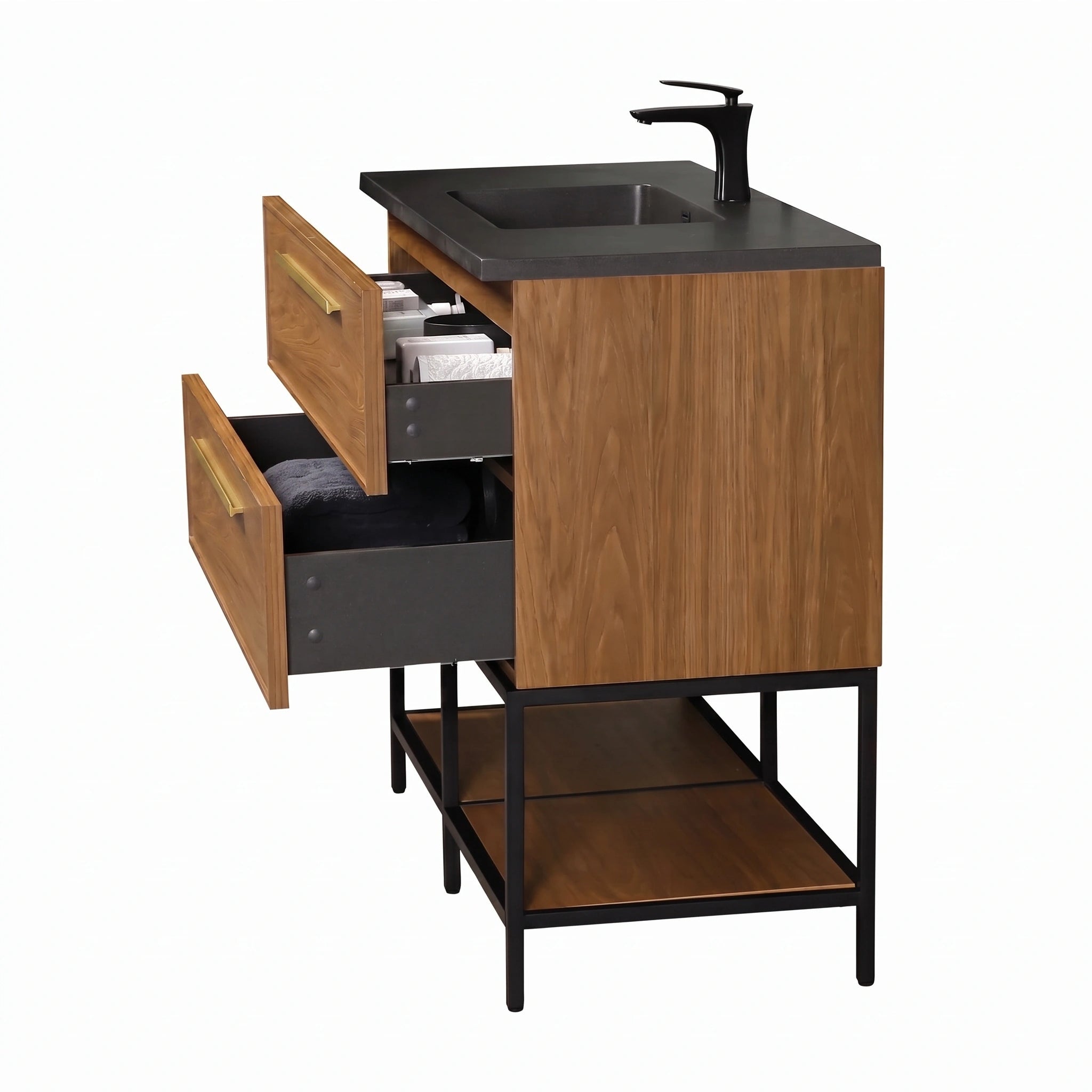 48 Inch Honey Gold Walnut Wall Mounted Bathroom Vanity with Black Engineered Quartz Countertop and Handles