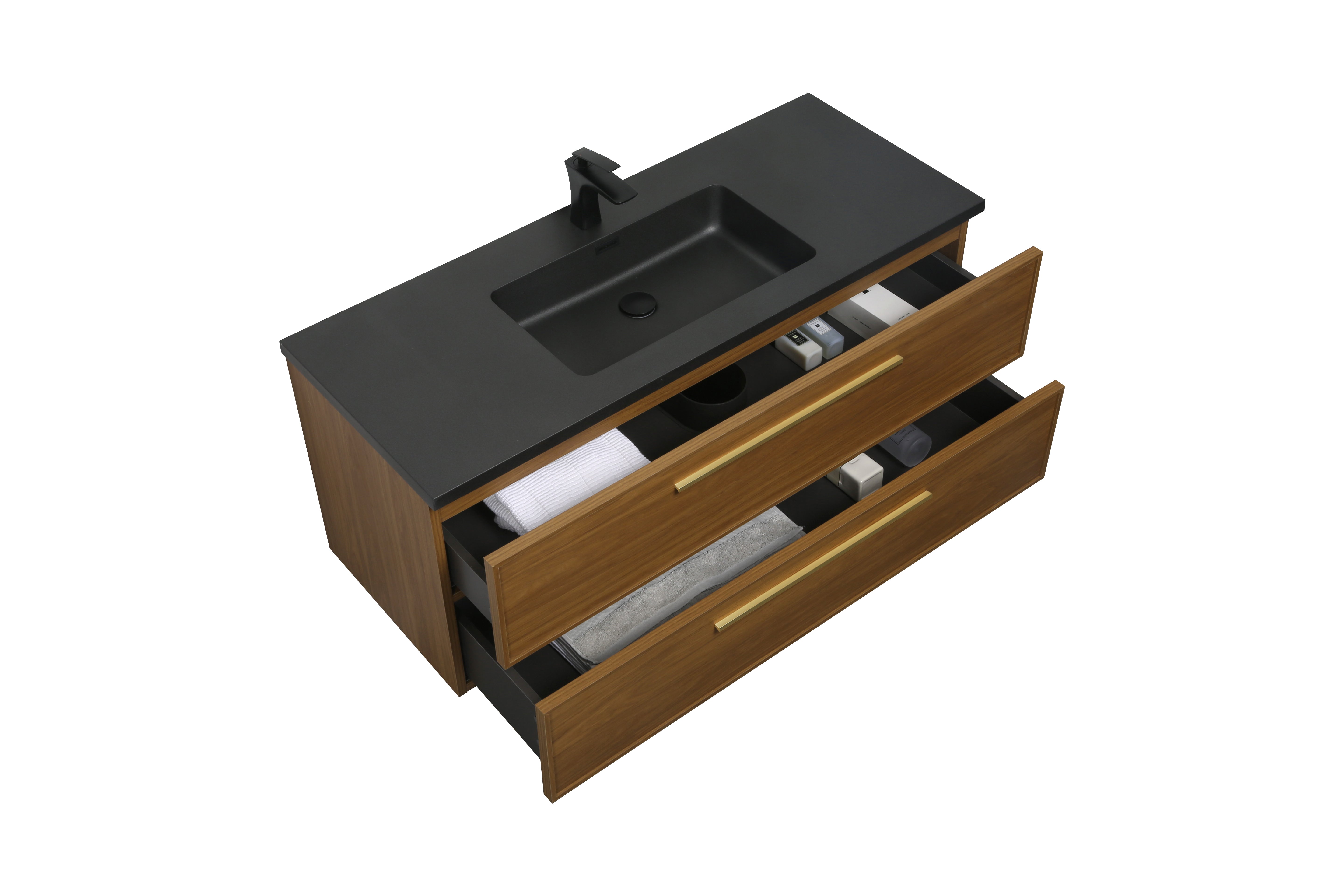 48 Inch Honey Gold Walnut Wall Mounted Bathroom Vanity with Black Engineered Quartz Countertop and Handles