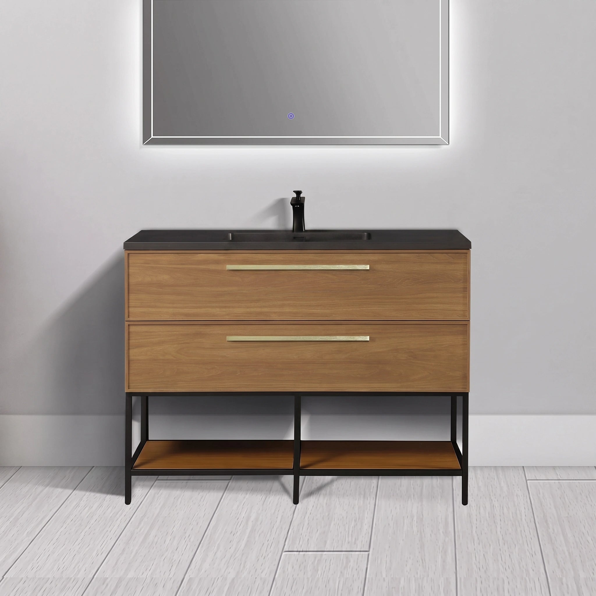 48 Inch Honey Gold Walnut Wall Mounted Bathroom Vanity with Black Engineered Quartz Countertop and Handles