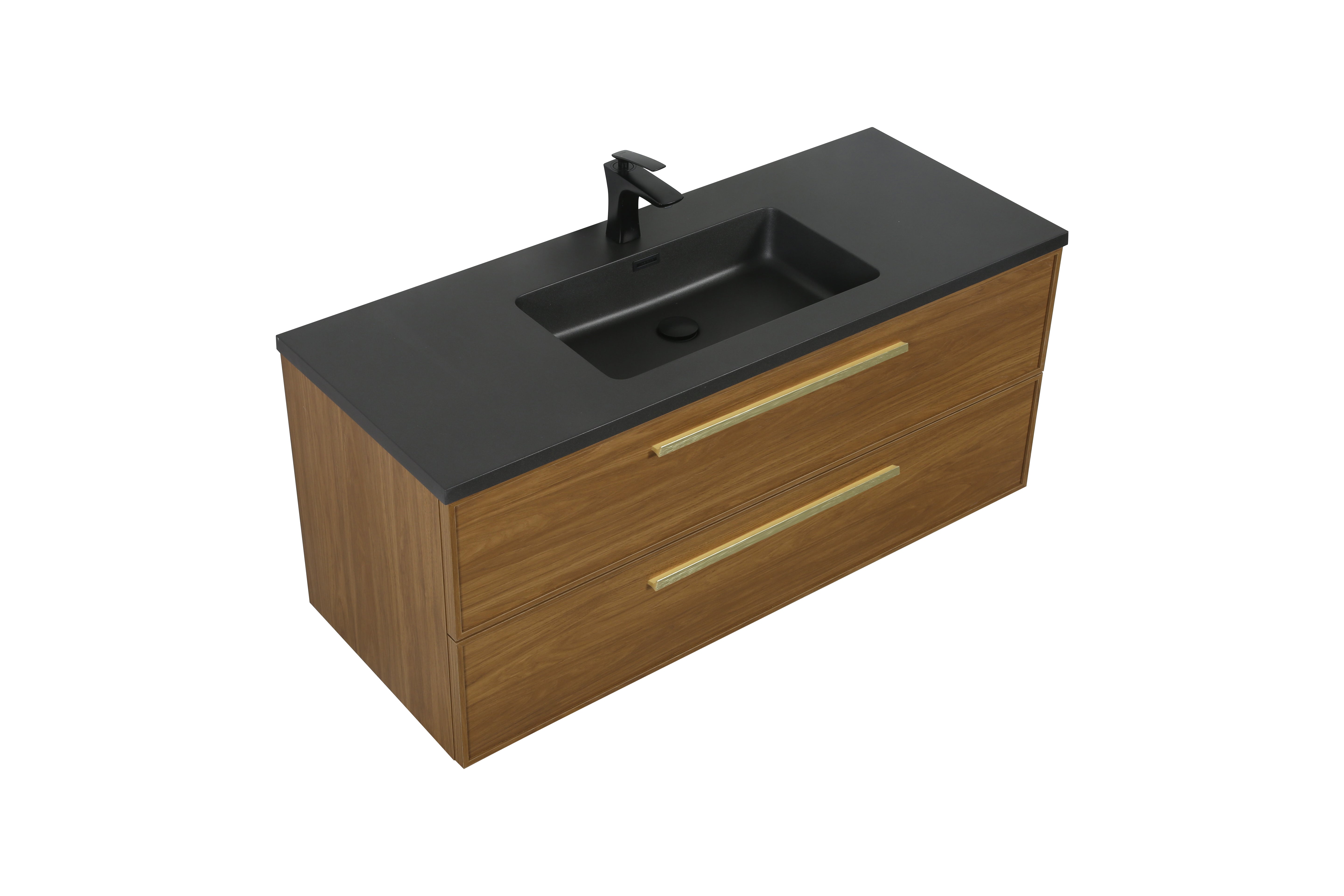 48 Inch Honey Gold Walnut Wall Mounted Bathroom Vanity with Black Engineered Quartz Countertop and Handles