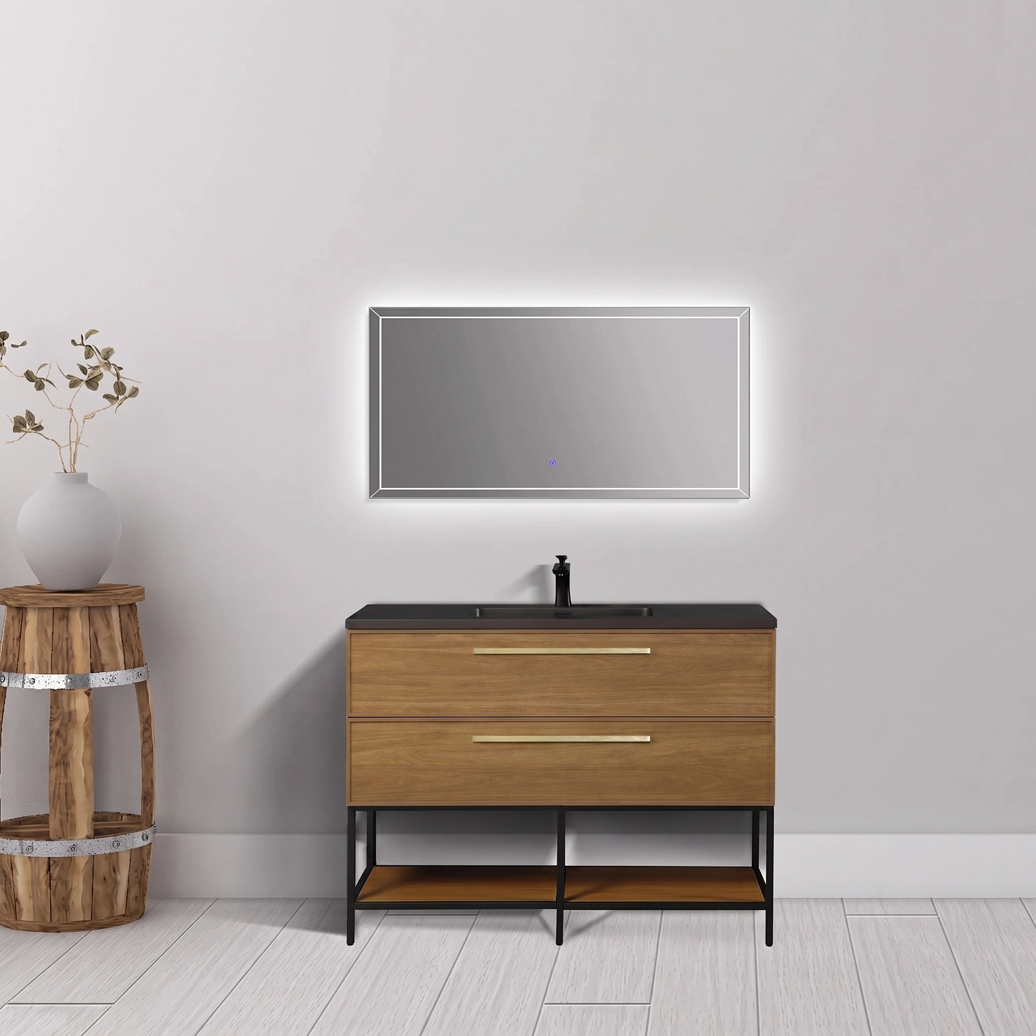 48 Inch Honey Gold Walnut Wall Mounted Bathroom Vanity with Black Engineered Quartz Countertop and Handles