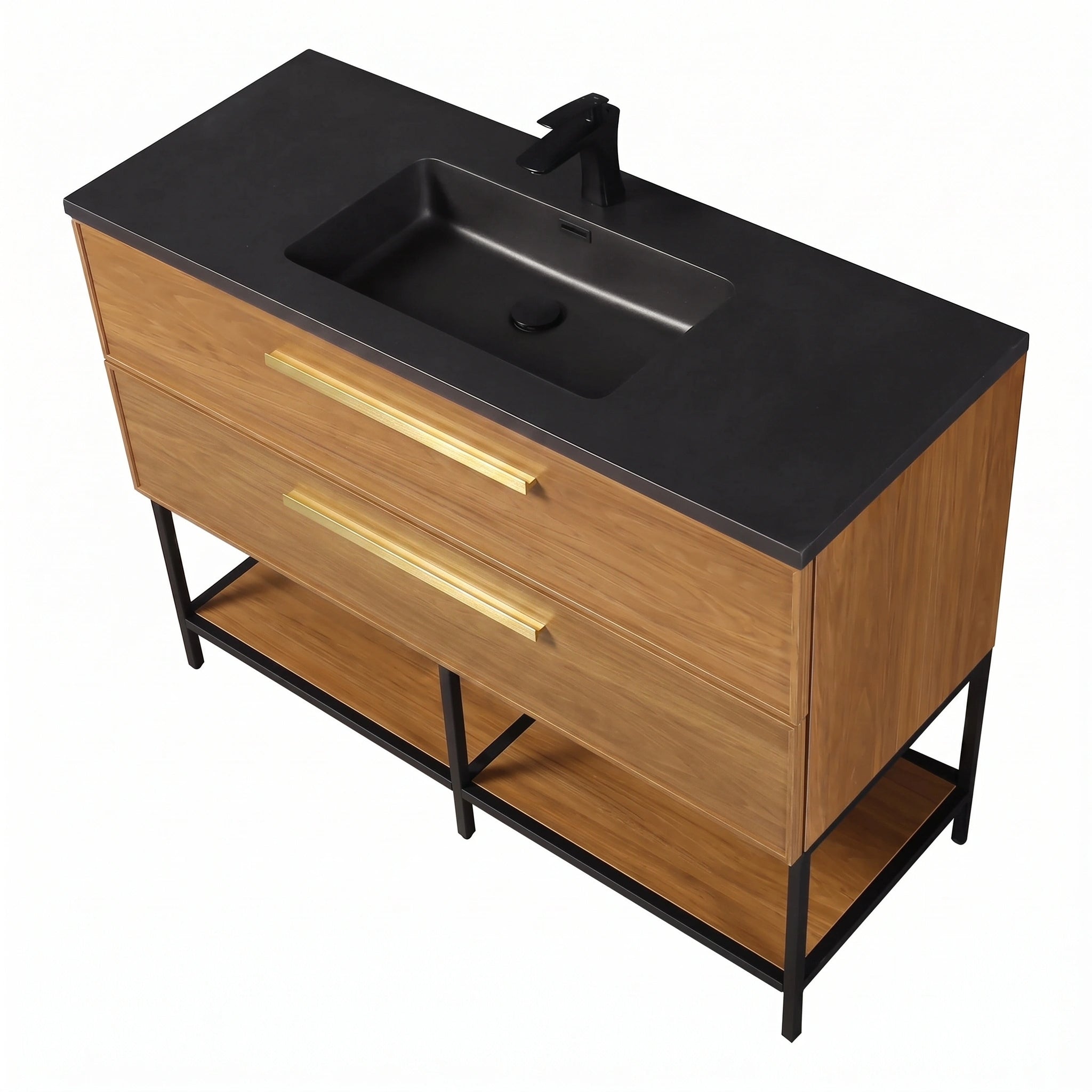 48 Inch Honey Gold Walnut Wall Mounted Bathroom Vanity with Black Engineered Quartz Countertop and Handles