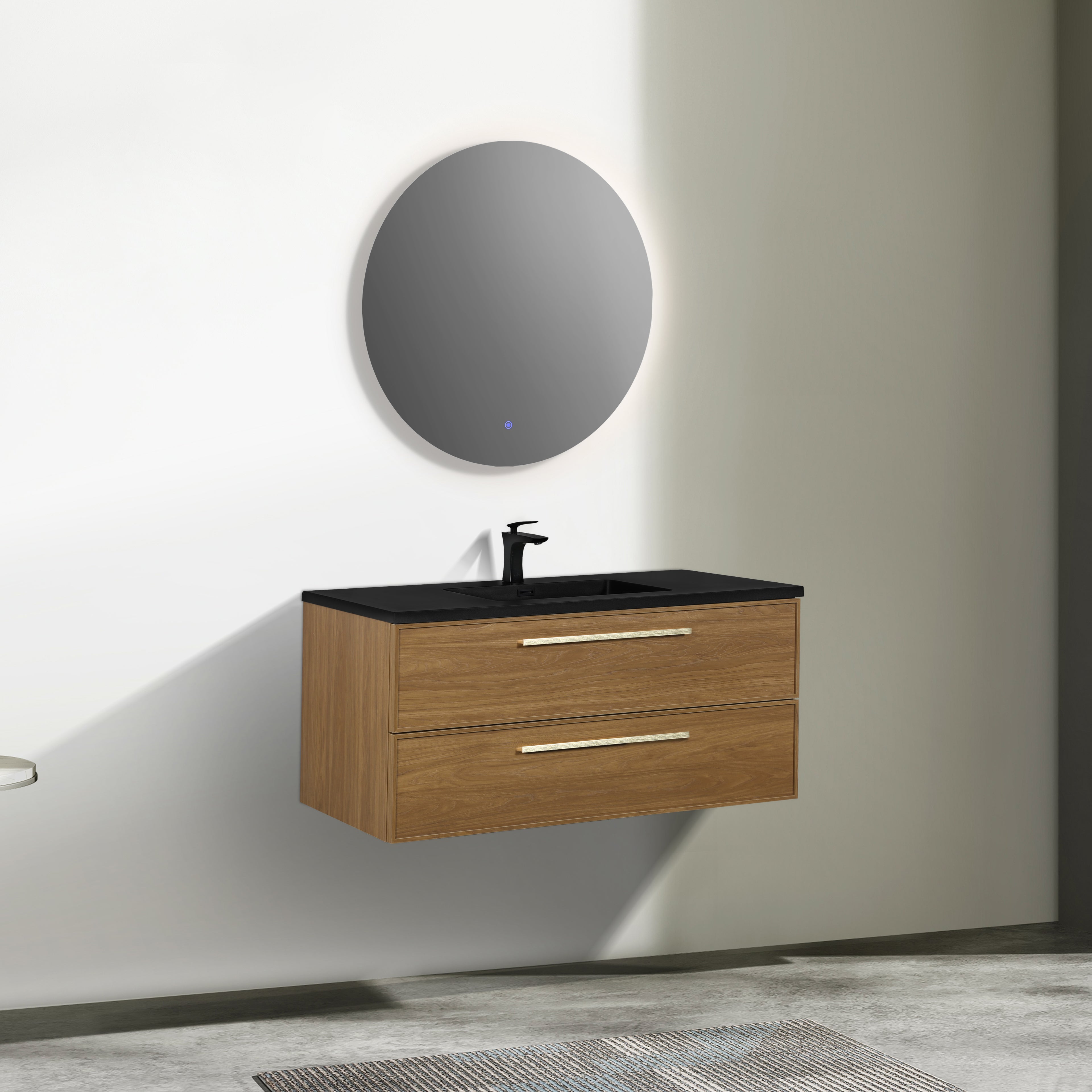 48 Inch Honey Gold Walnut Wall Mounted Bathroom Vanity with Black Engineered Quartz Countertop and Handles