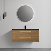 48 Inch Honey Gold Walnut Wall Mounted Bathroom Vanity with Black Engineered Quartz Countertop and Handles