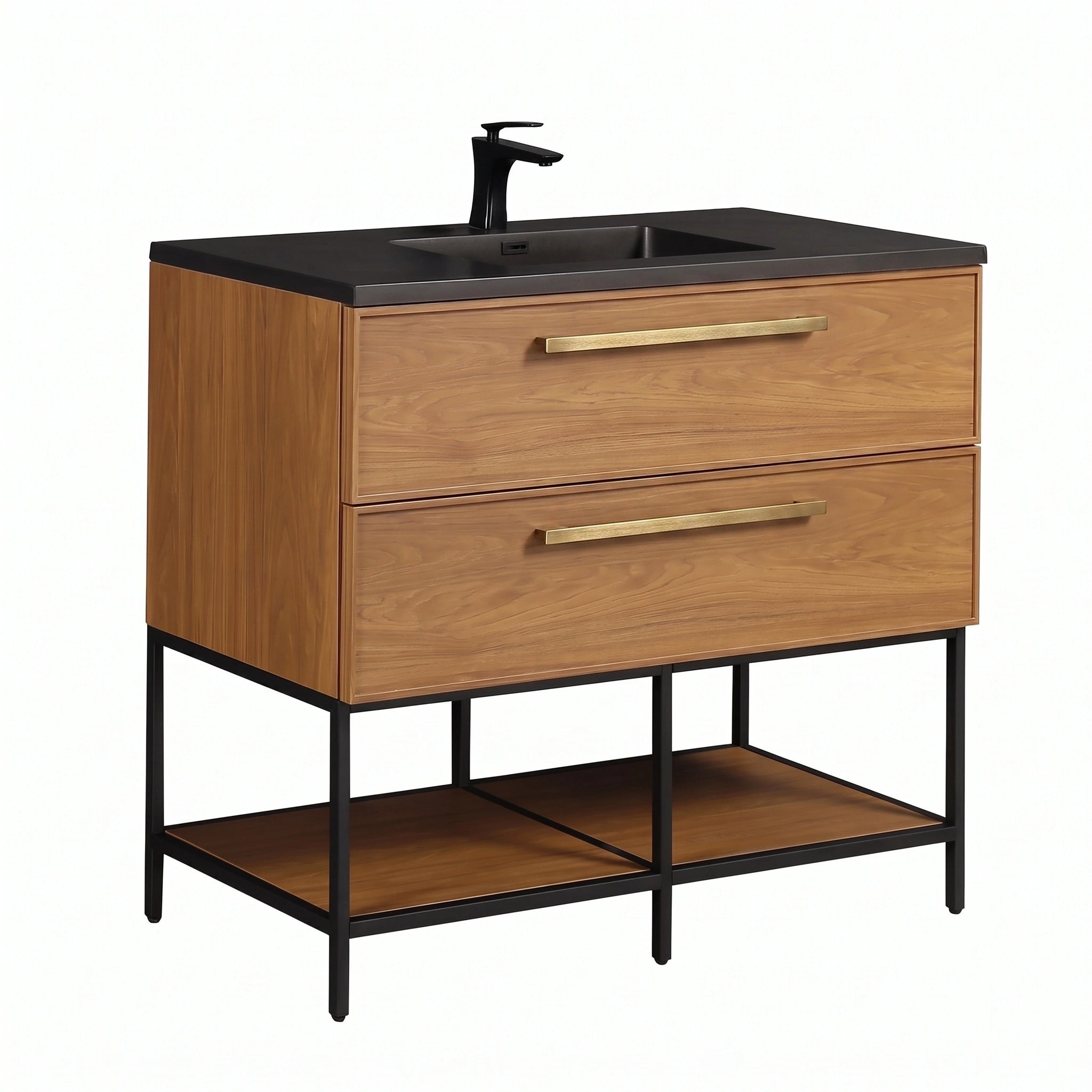 48 Inch Honey Gold Walnut Wall Mounted Bathroom Vanity with Black Engineered Quartz Countertop and Handles