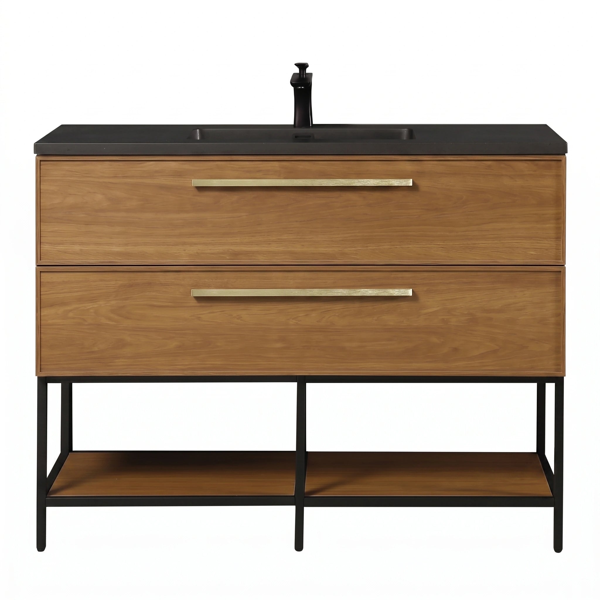 48 Inch Honey Gold Walnut Wall Mounted Bathroom Vanity with Black Engineered Quartz Countertop and Handles