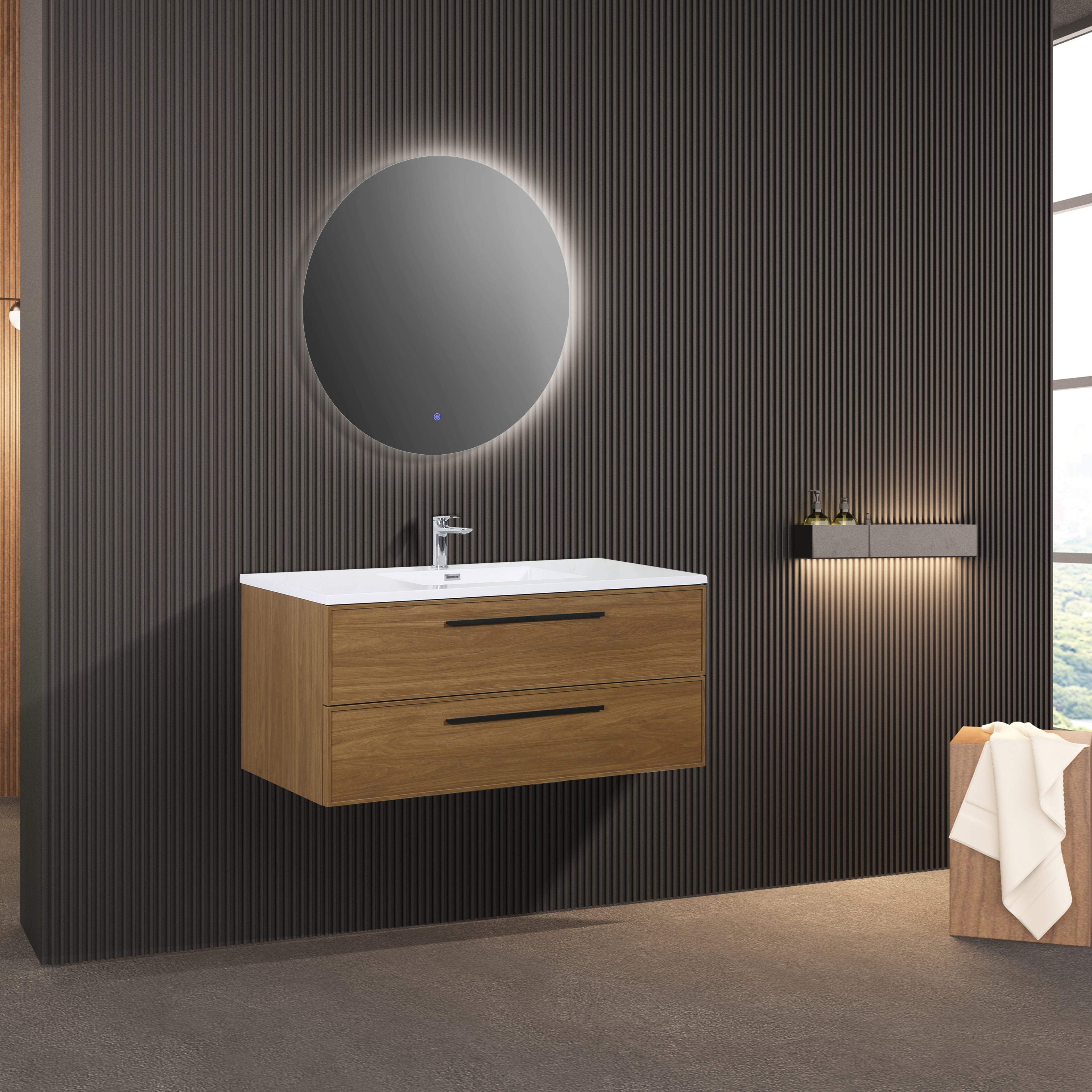48" Honey Gold Walnut Wall Mount Bathroom Vanity with White Polymarble Countertop and Handles
