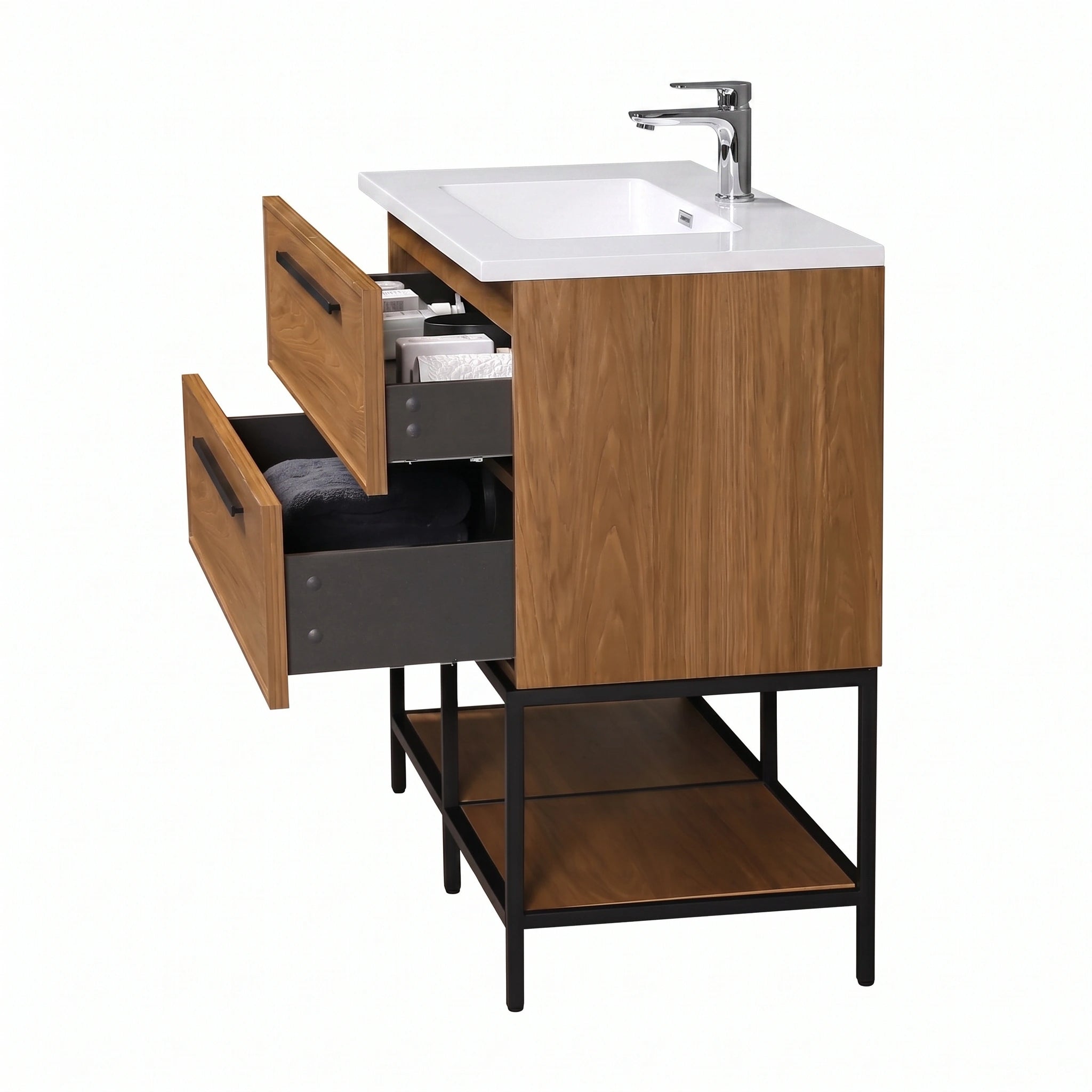 48" Honey Gold Walnut Wall Mount Bathroom Vanity with White Polymarble Countertop and Handles