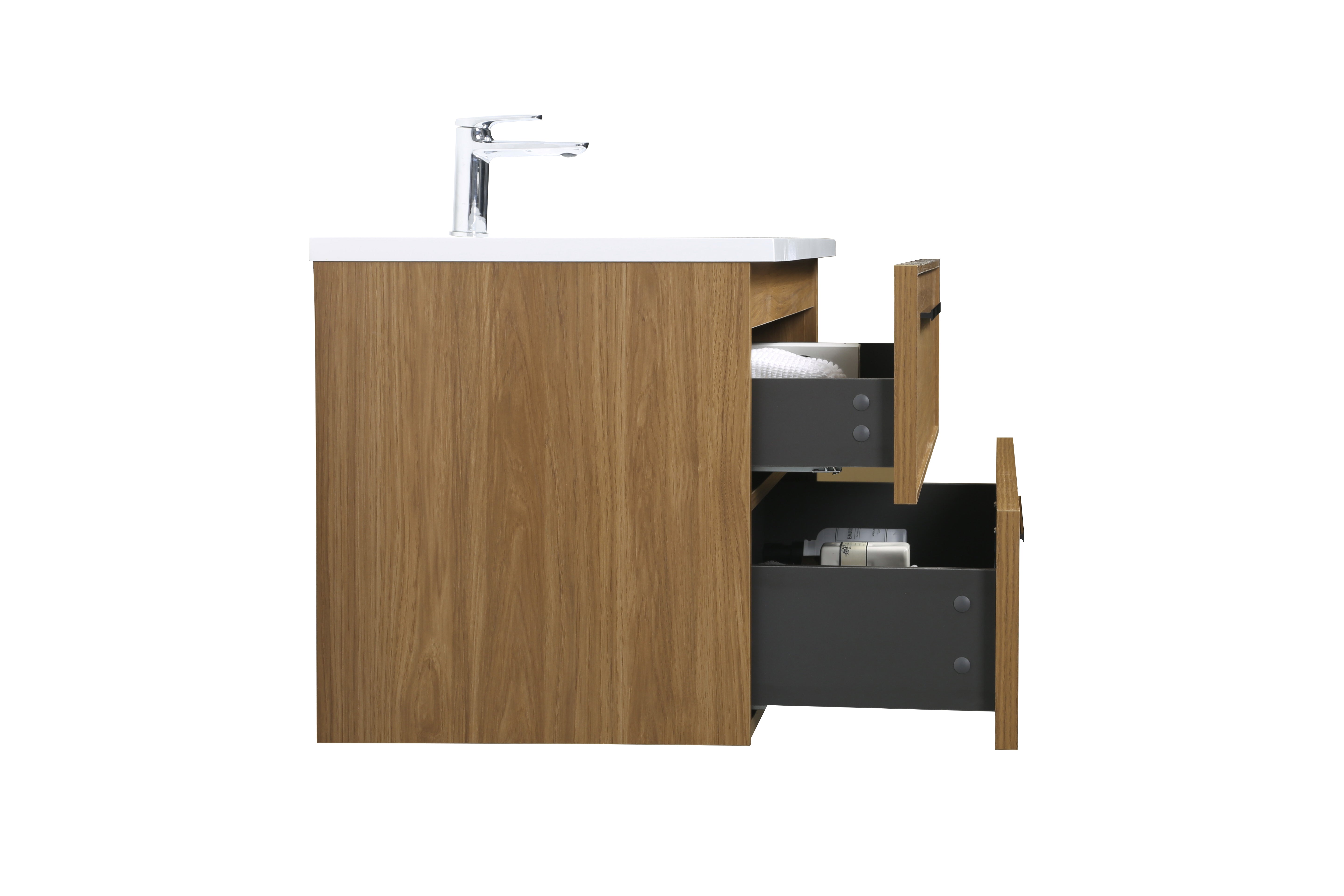 48" Honey Gold Walnut Wall Mount Bathroom Vanity with White Polymarble Countertop and Handles