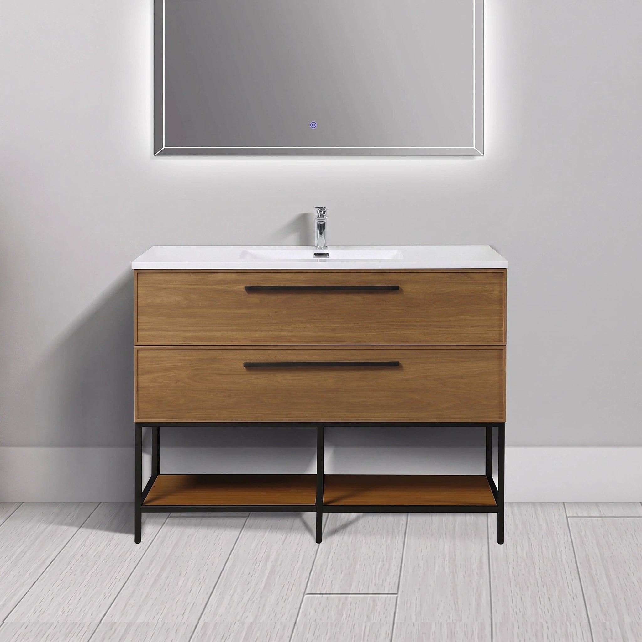 48" Honey Gold Walnut Wall Mount Bathroom Vanity with White Polymarble Countertop and Handles