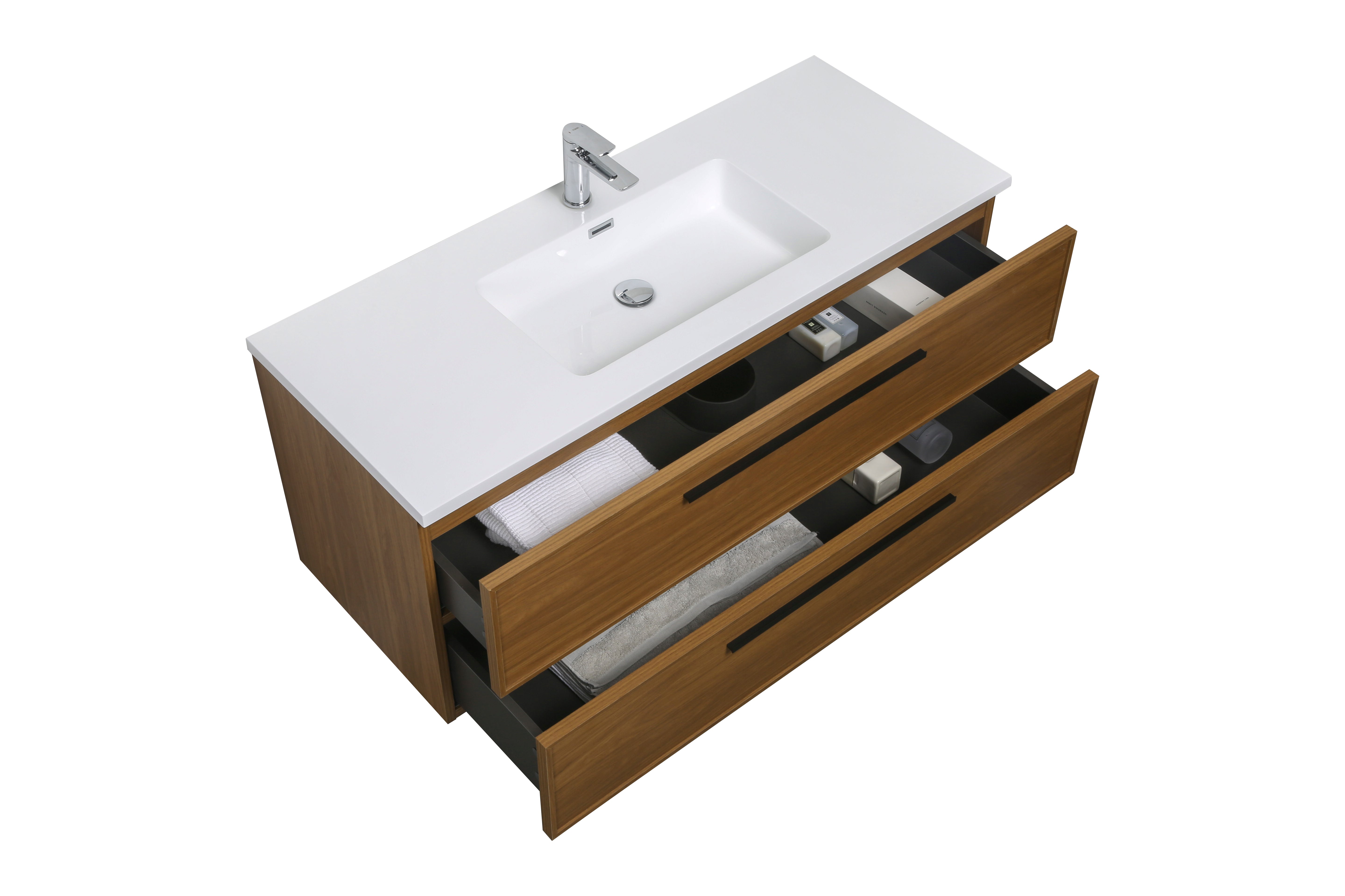 48" Honey Gold Walnut Wall Mount Bathroom Vanity with White Polymarble Countertop and Handles