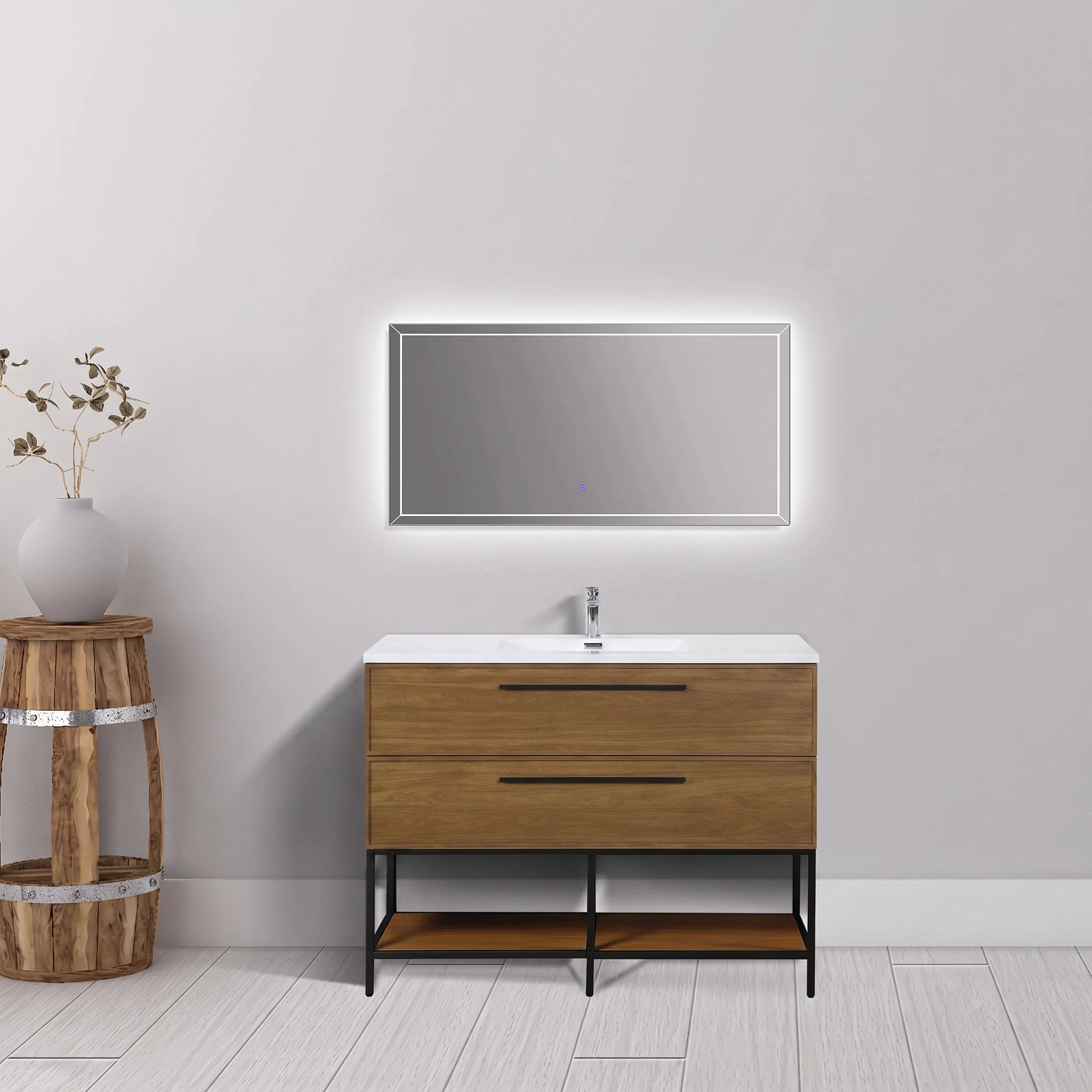 48" Honey Gold Walnut Wall Mount Bathroom Vanity with White Polymarble Countertop and Handles