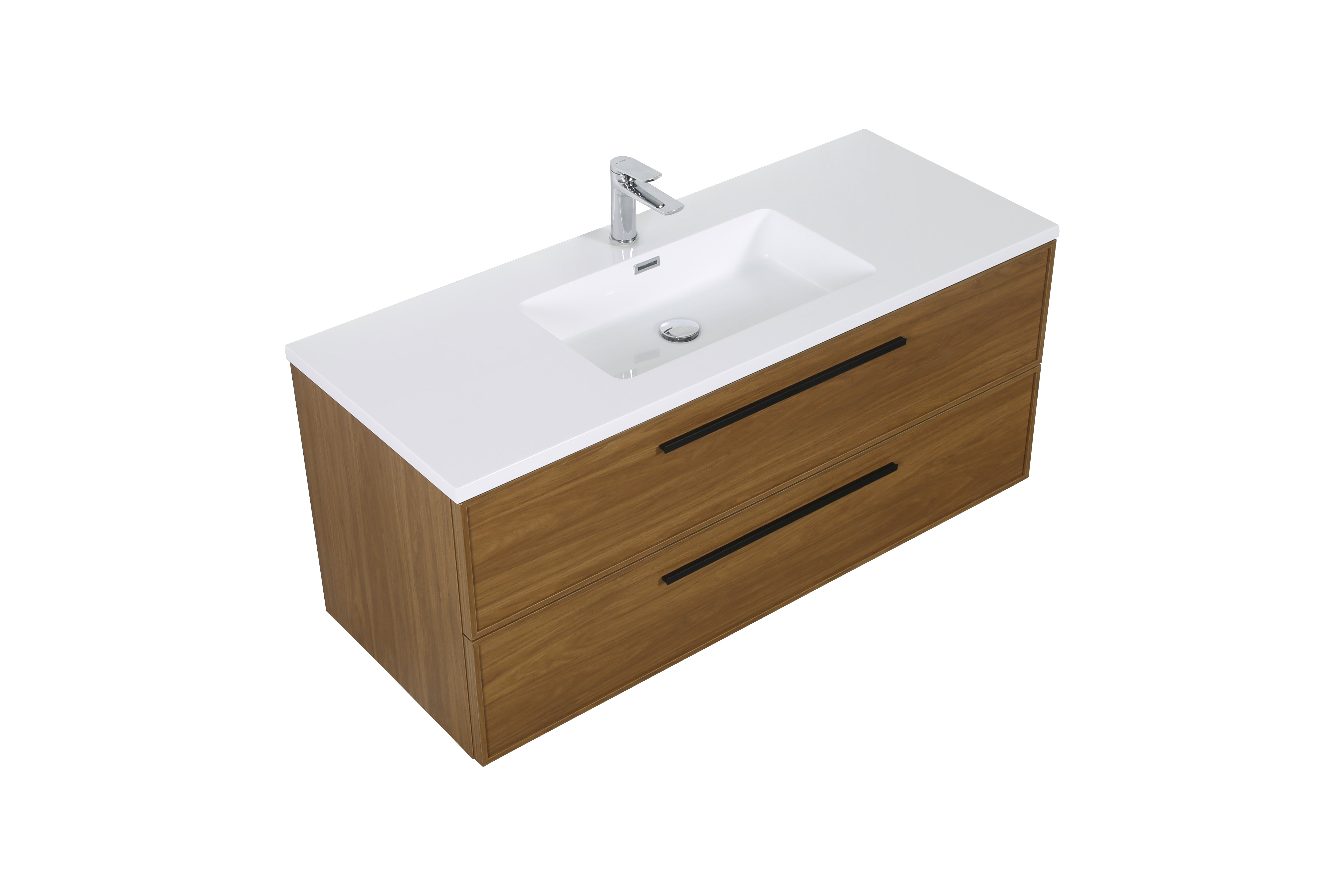 48" Honey Gold Walnut Wall Mount Bathroom Vanity with White Polymarble Countertop and Handles