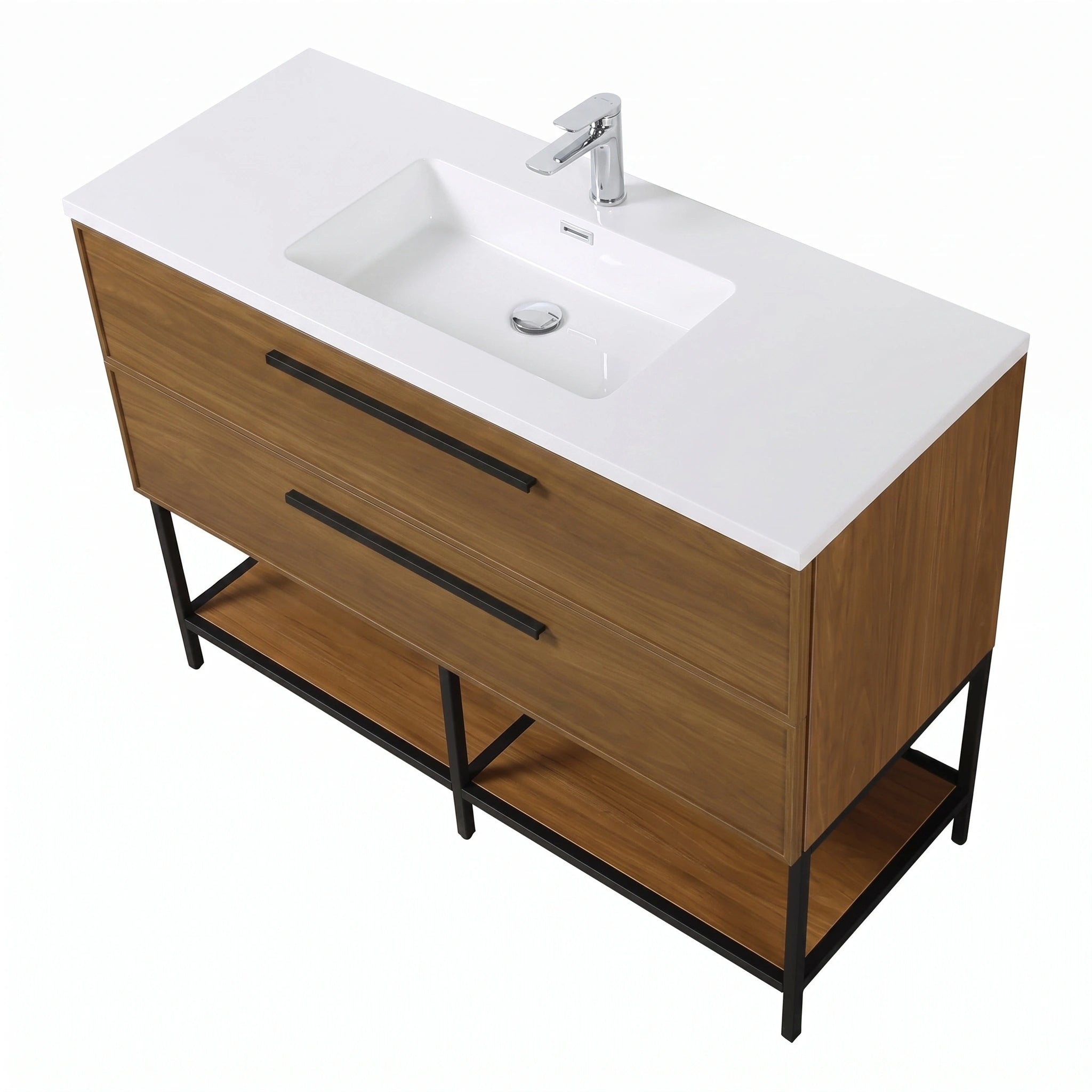 48" Honey Gold Walnut Wall Mount Bathroom Vanity with White Polymarble Countertop and Handles