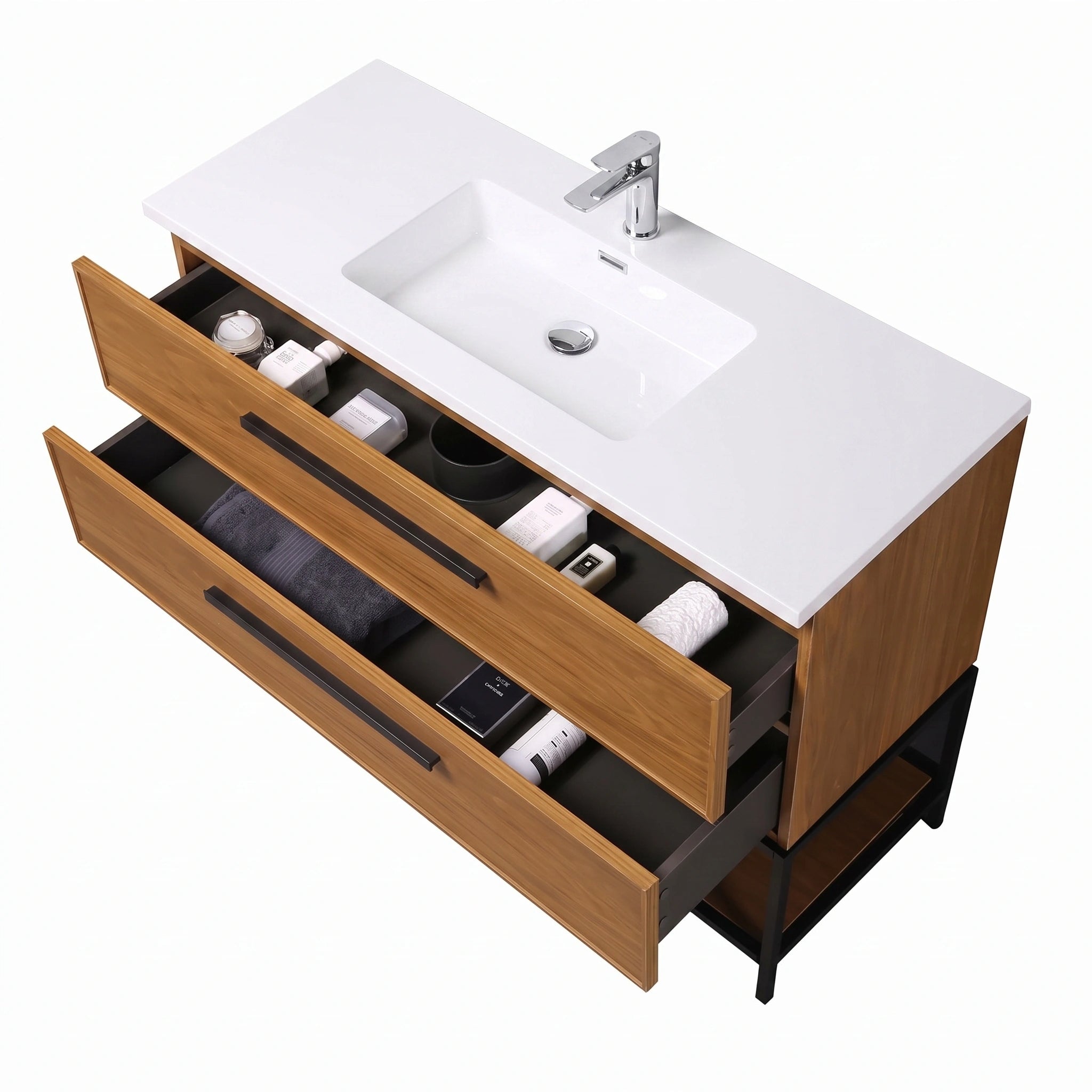 48" Honey Gold Walnut Wall Mount Bathroom Vanity with White Polymarble Countertop and Handles
