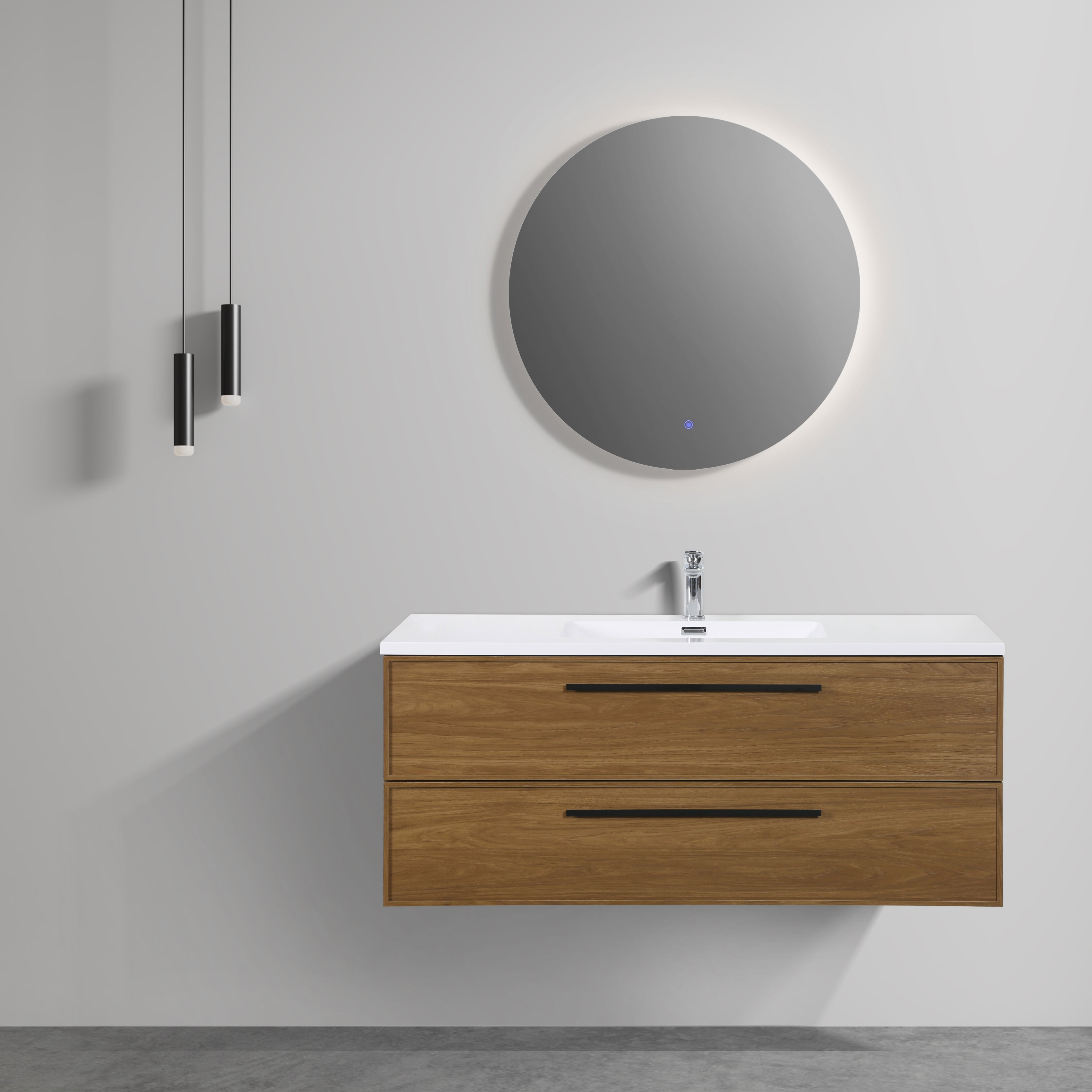 48" Honey Gold Walnut Wall Mount Bathroom Vanity with White Polymarble Countertop and Handles