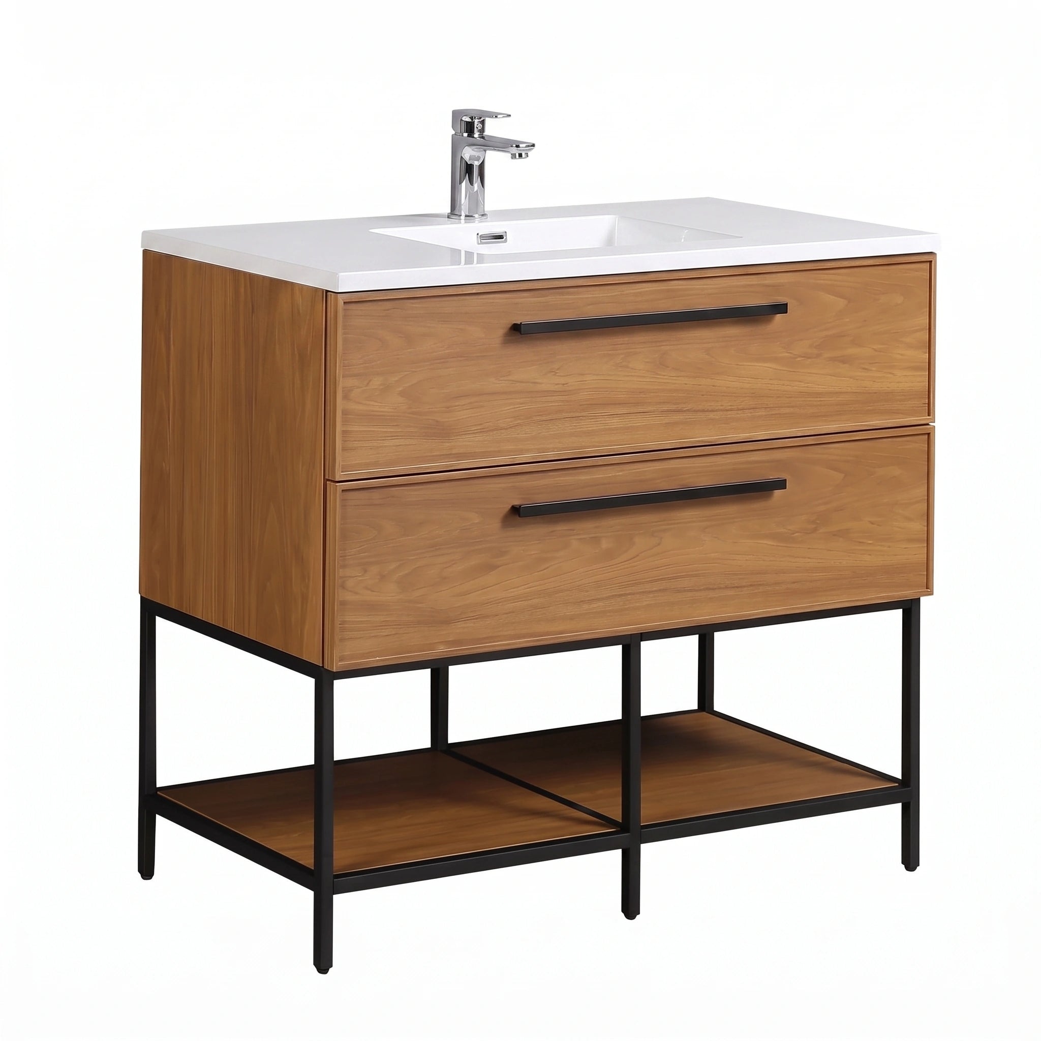 48" Honey Gold Walnut Wall Mount Bathroom Vanity with White Polymarble Countertop and Handles